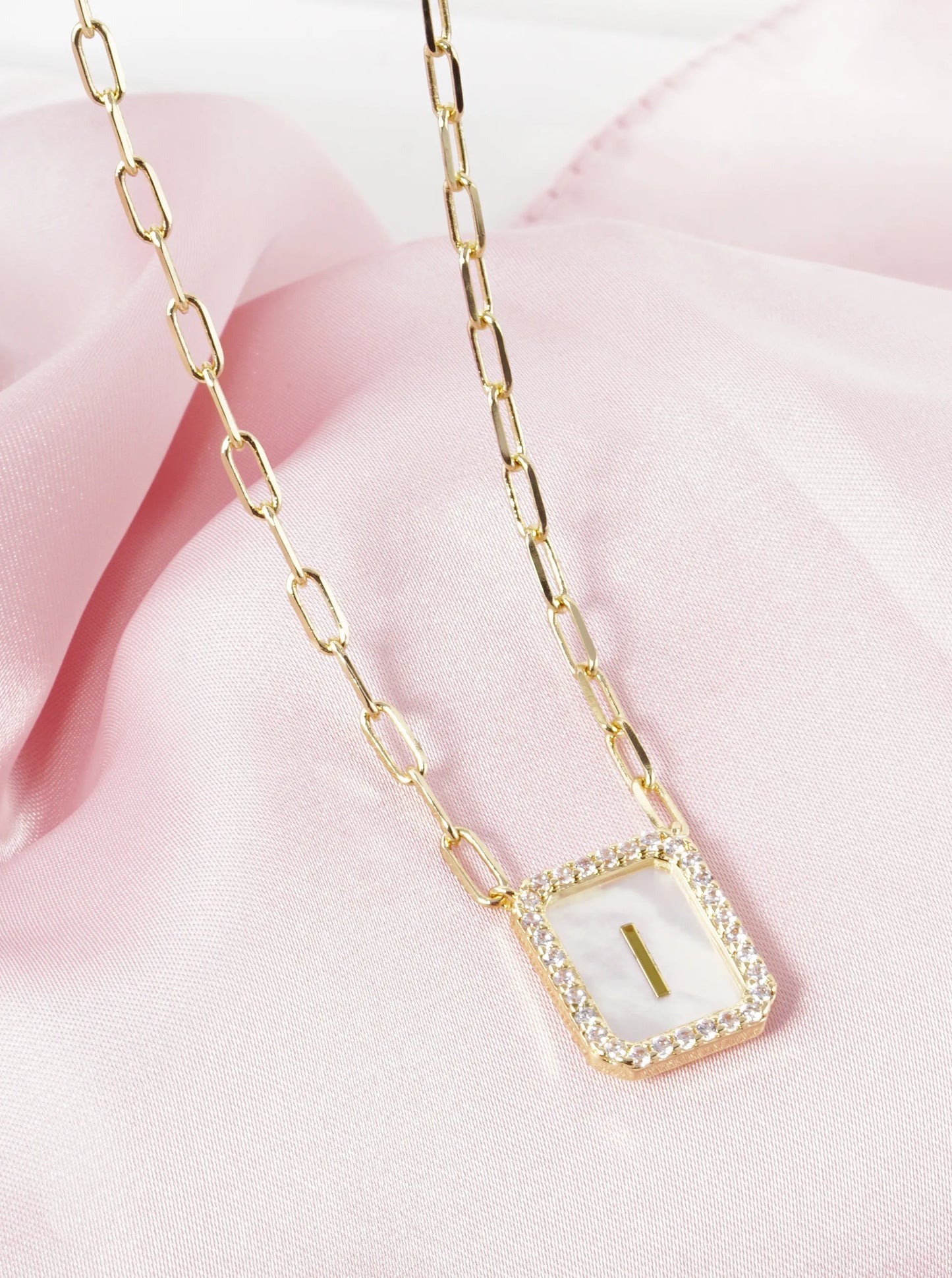 18K Gold Dipped Pave Set Cubic Zirconia Mother Of Pearl Initial Pendant Necklace