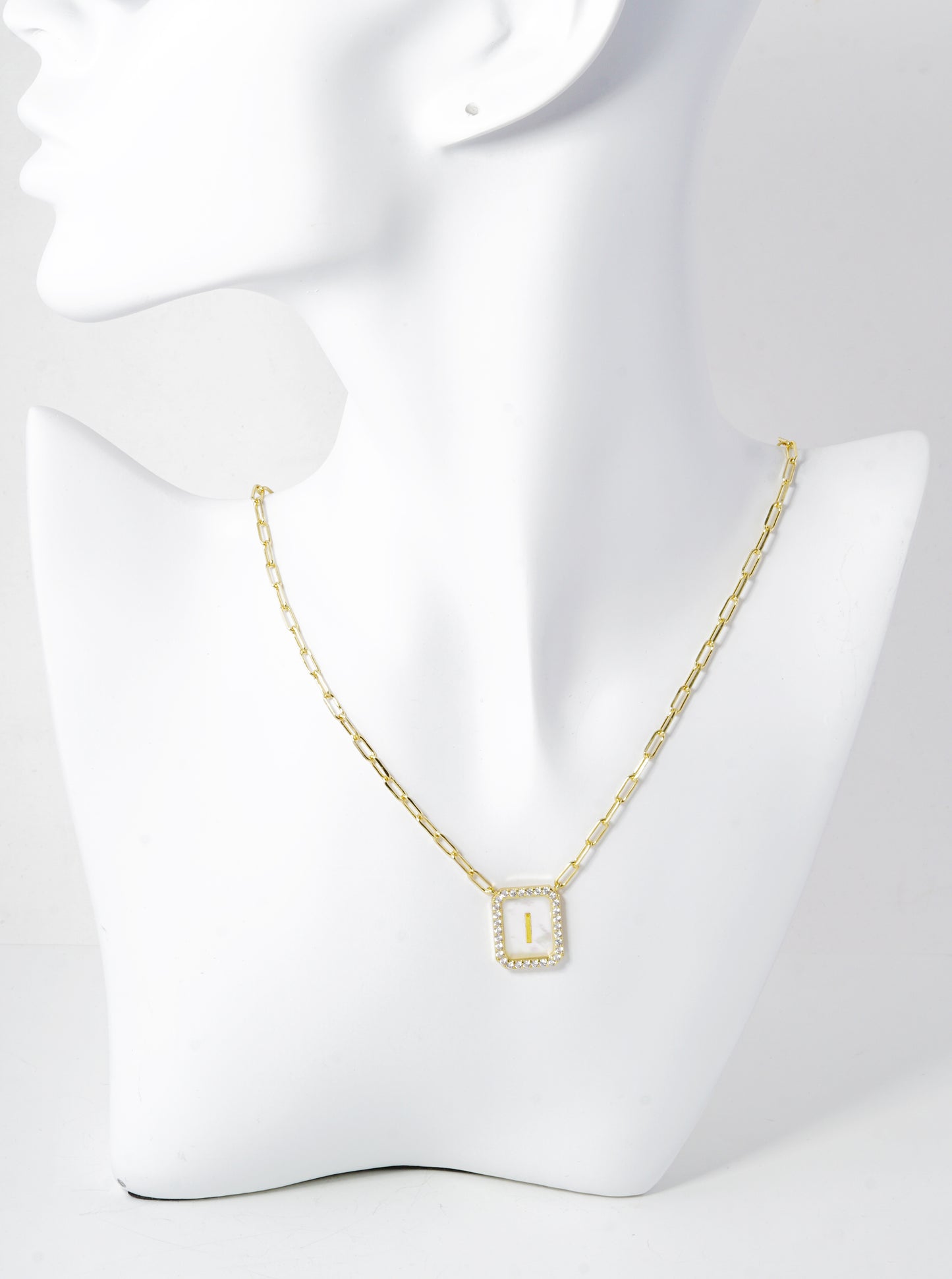 18K Gold Dipped Pave Set Cubic Zirconia Mother Of Pearl Initial Pendant Necklace
