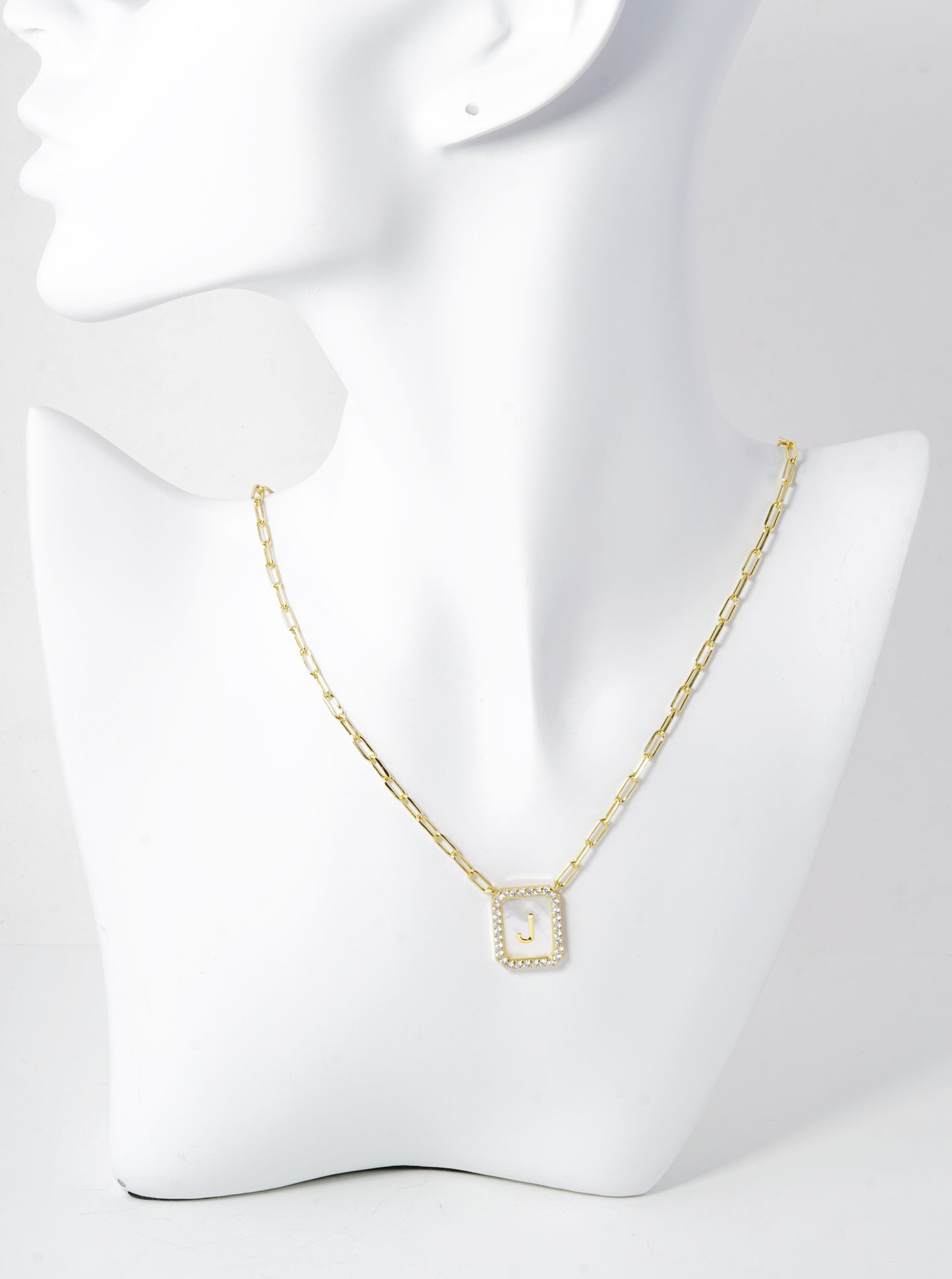 18K Gold Dipped Pave Set Cubic Zirconia Mother Of Pearl Initial Pendant Necklace