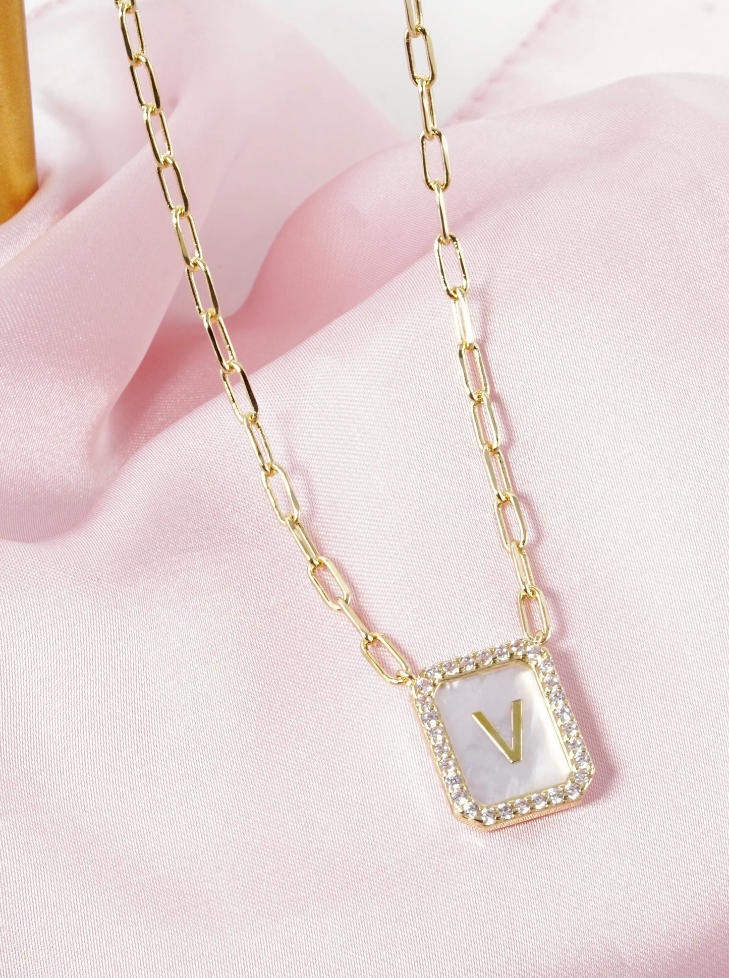 18K Gold Dipped Pave Set Cubic Zirconia Mother Of Pearl Initial Pendant Necklace