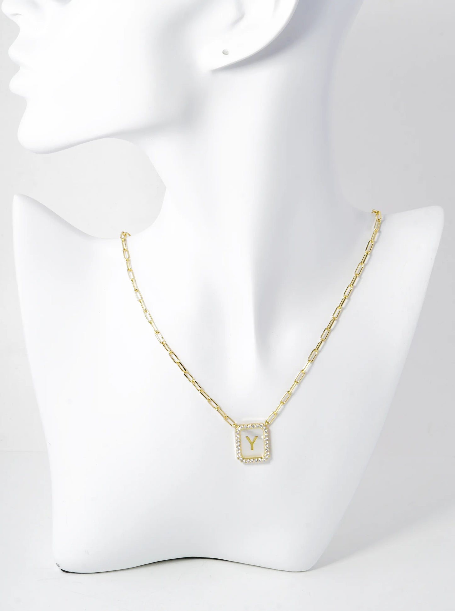 18K Gold Dipped Pave Set Cubic Zirconia Mother Of Pearl Initial Pendant Necklace