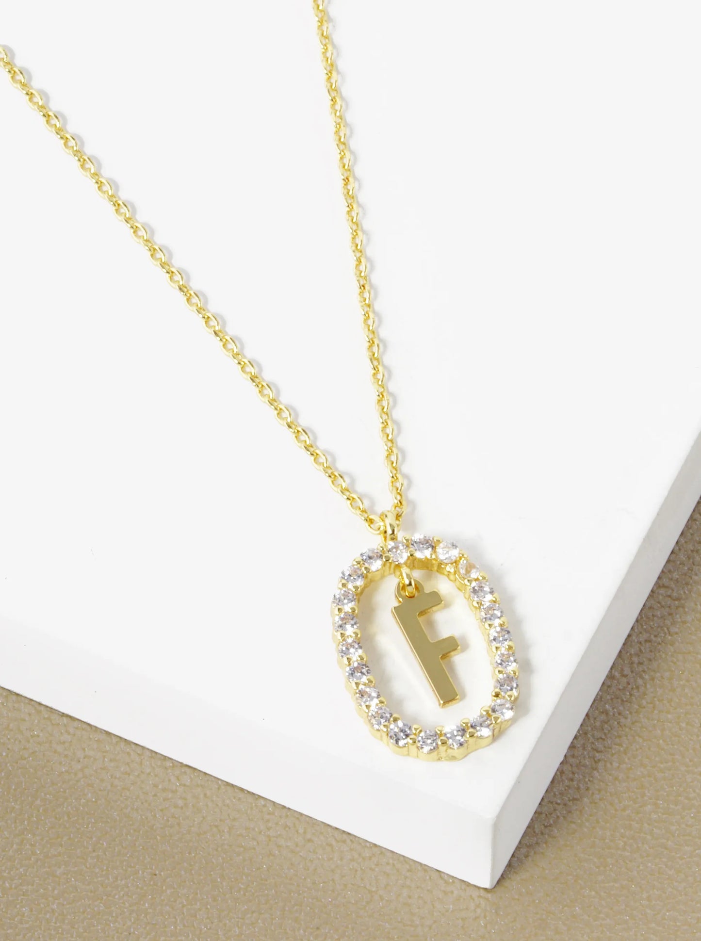 18K Gold Dipped Pave Set Cubic Zirconia Oval In Initial Drop Pendant Necklace