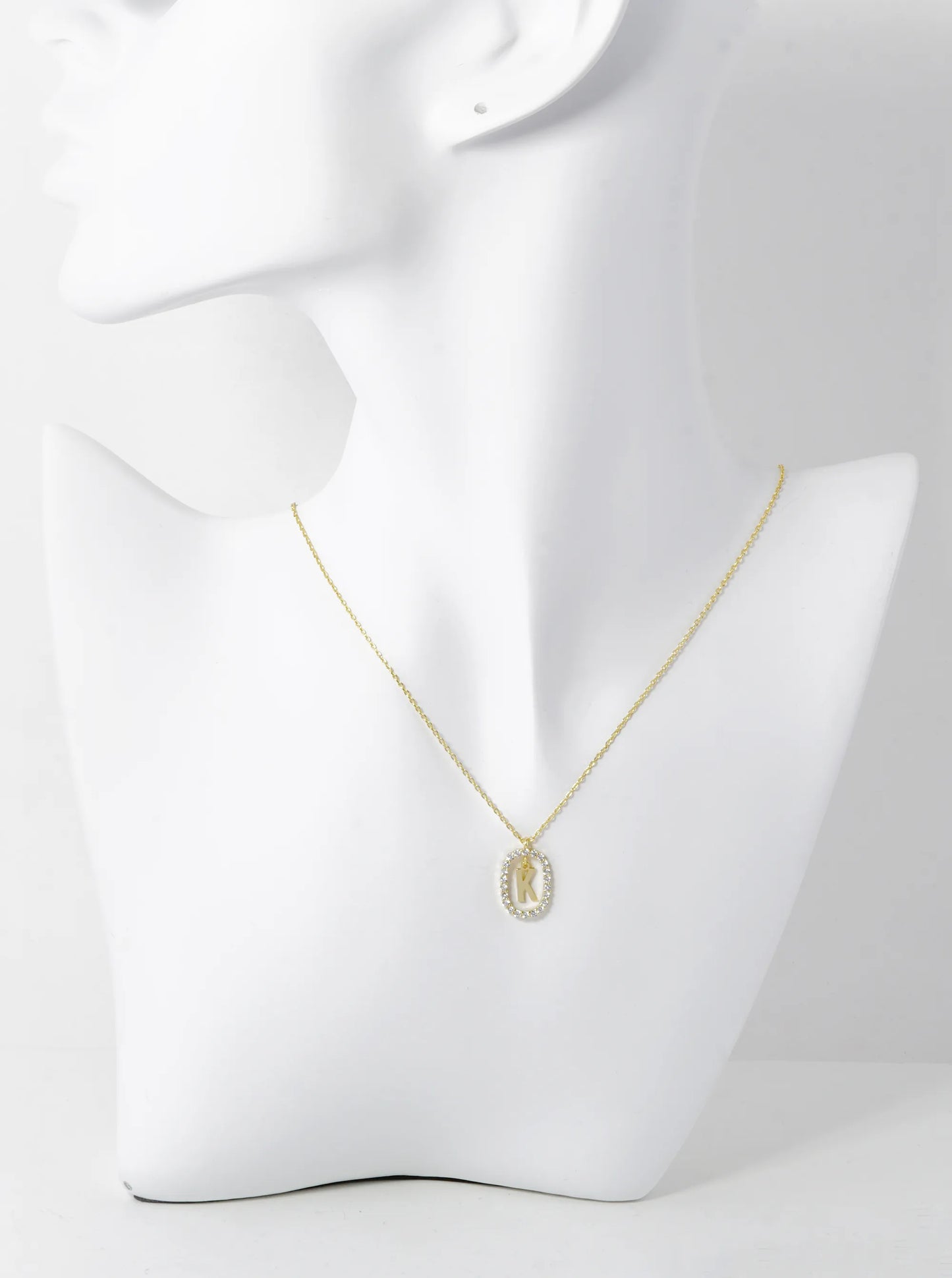 18K Gold Dipped Pave Set Cubic Zirconia Oval In Initial Drop Pendant Necklace