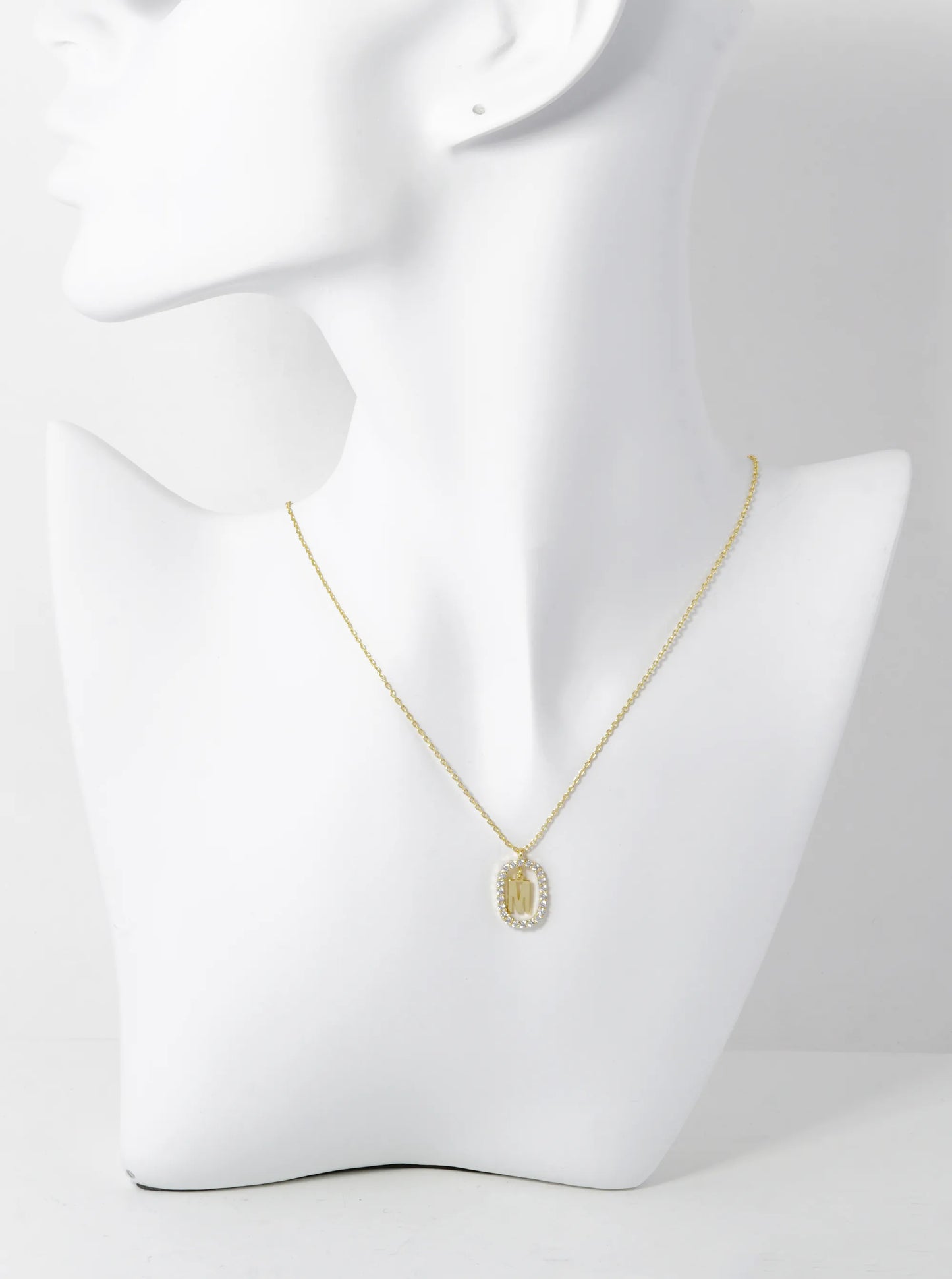 18K Gold Dipped Pave Set Cubic Zirconia Oval In Initial Drop Pendant Necklace