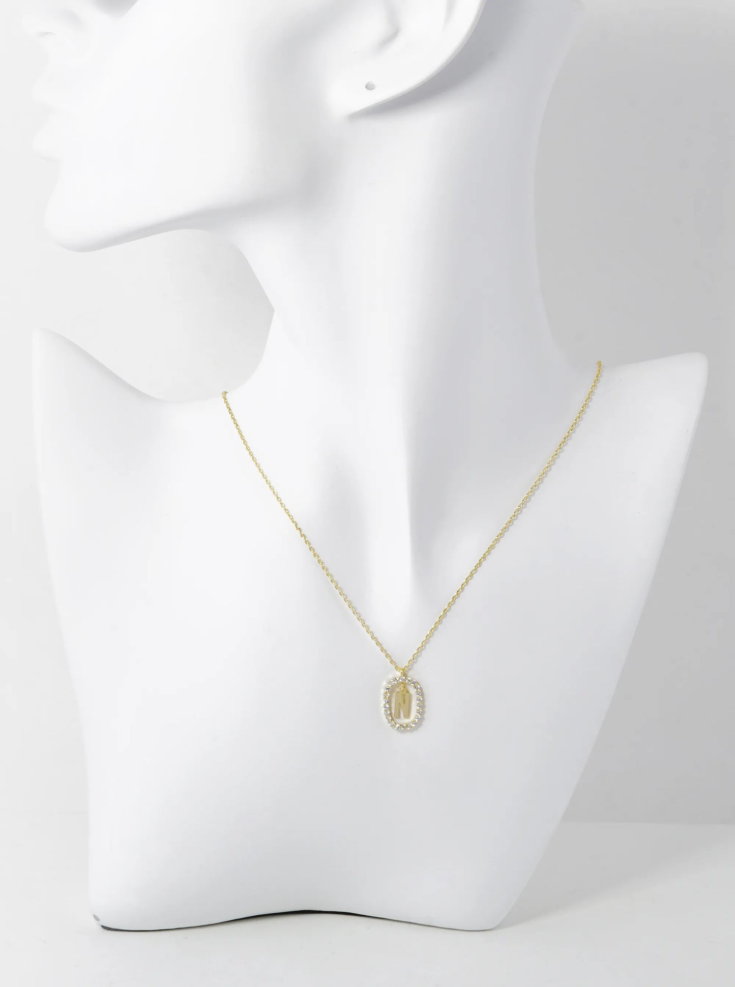 18K Gold Dipped Pave Set Cubic Zirconia Oval In Initial Drop Pendant Necklace