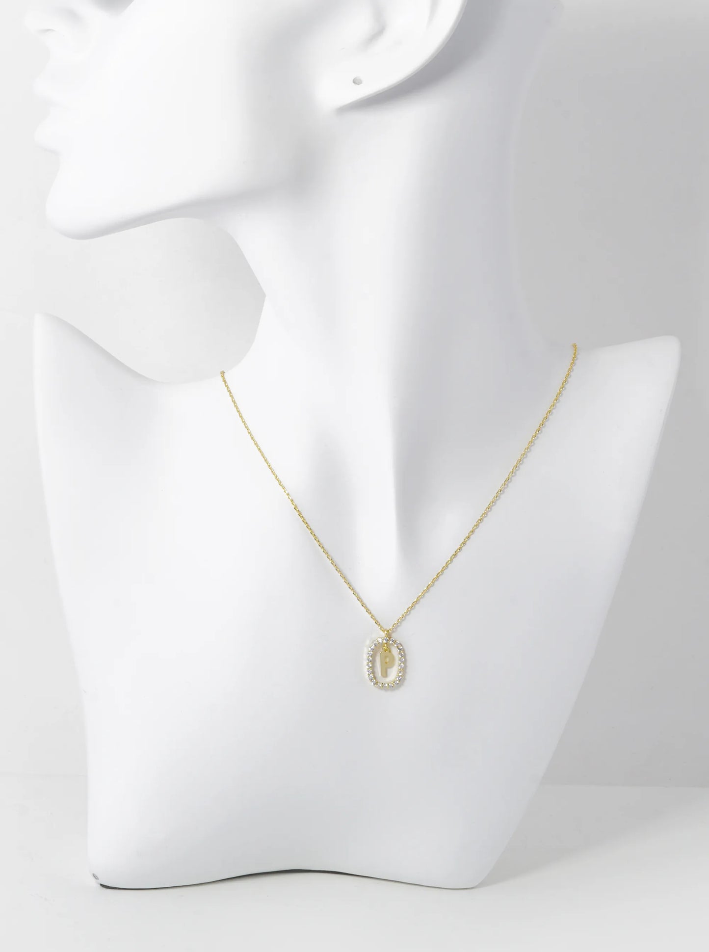 18K Gold Dipped Pave Set Cubic Zirconia Oval In Initial Drop Pendant Necklace