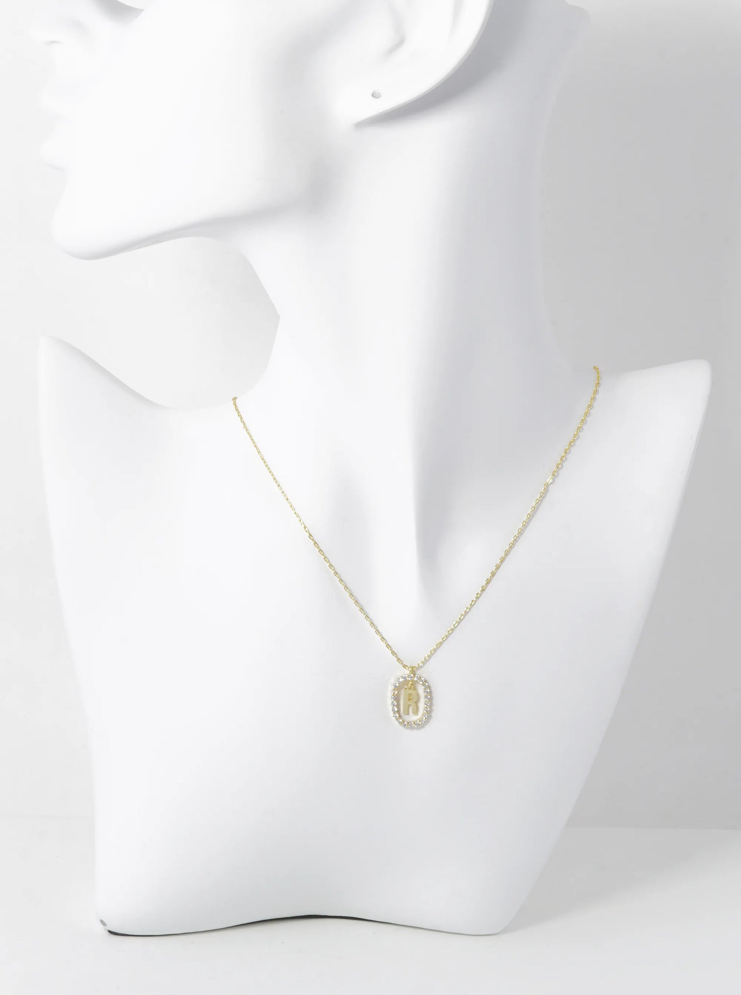 18K Gold Dipped Pave Set Cubic Zirconia Oval In Initial Drop Pendant Necklace
