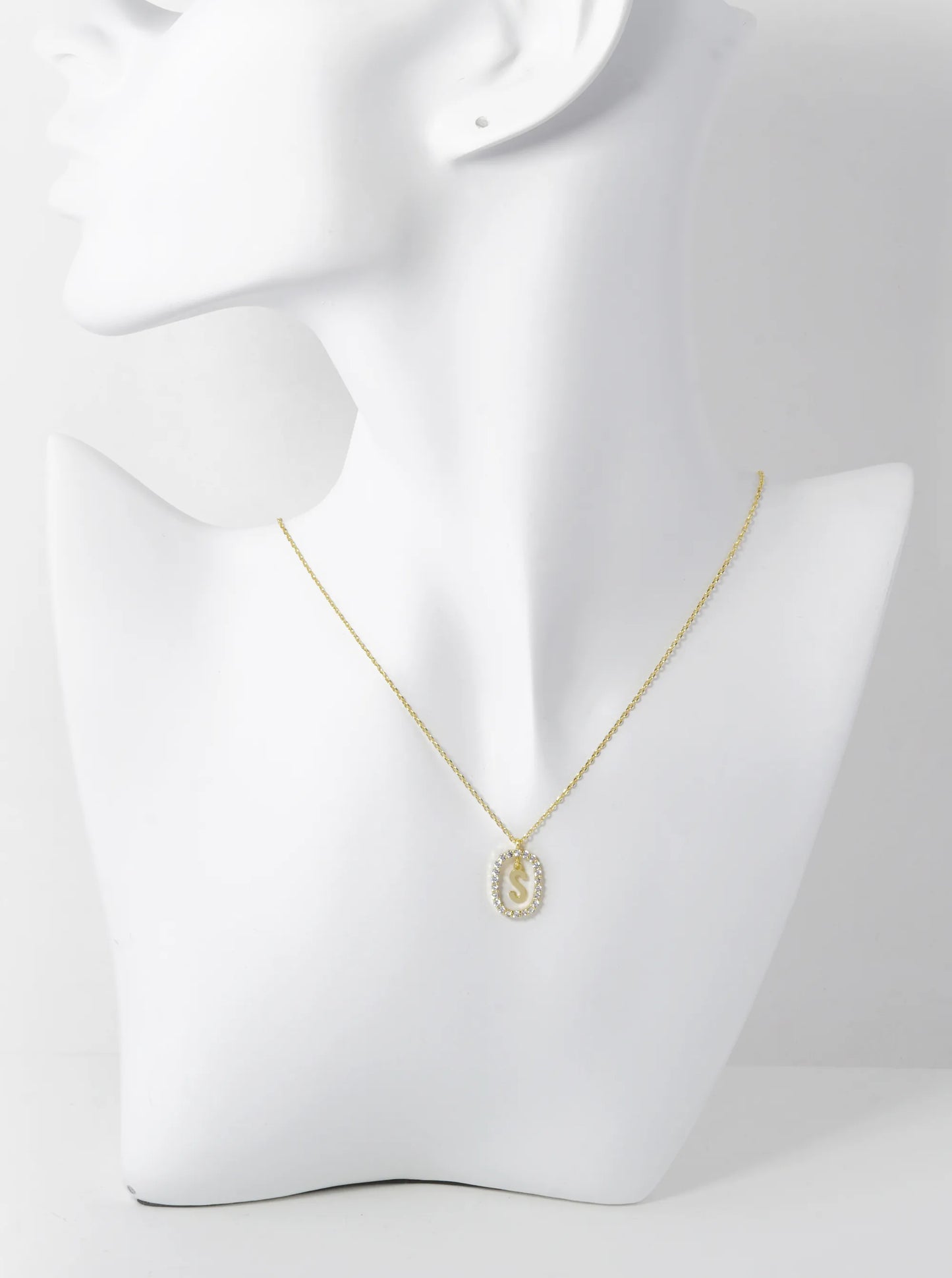 18K Gold Dipped Pave Set Cubic Zirconia Oval In Initial Drop Pendant Necklace