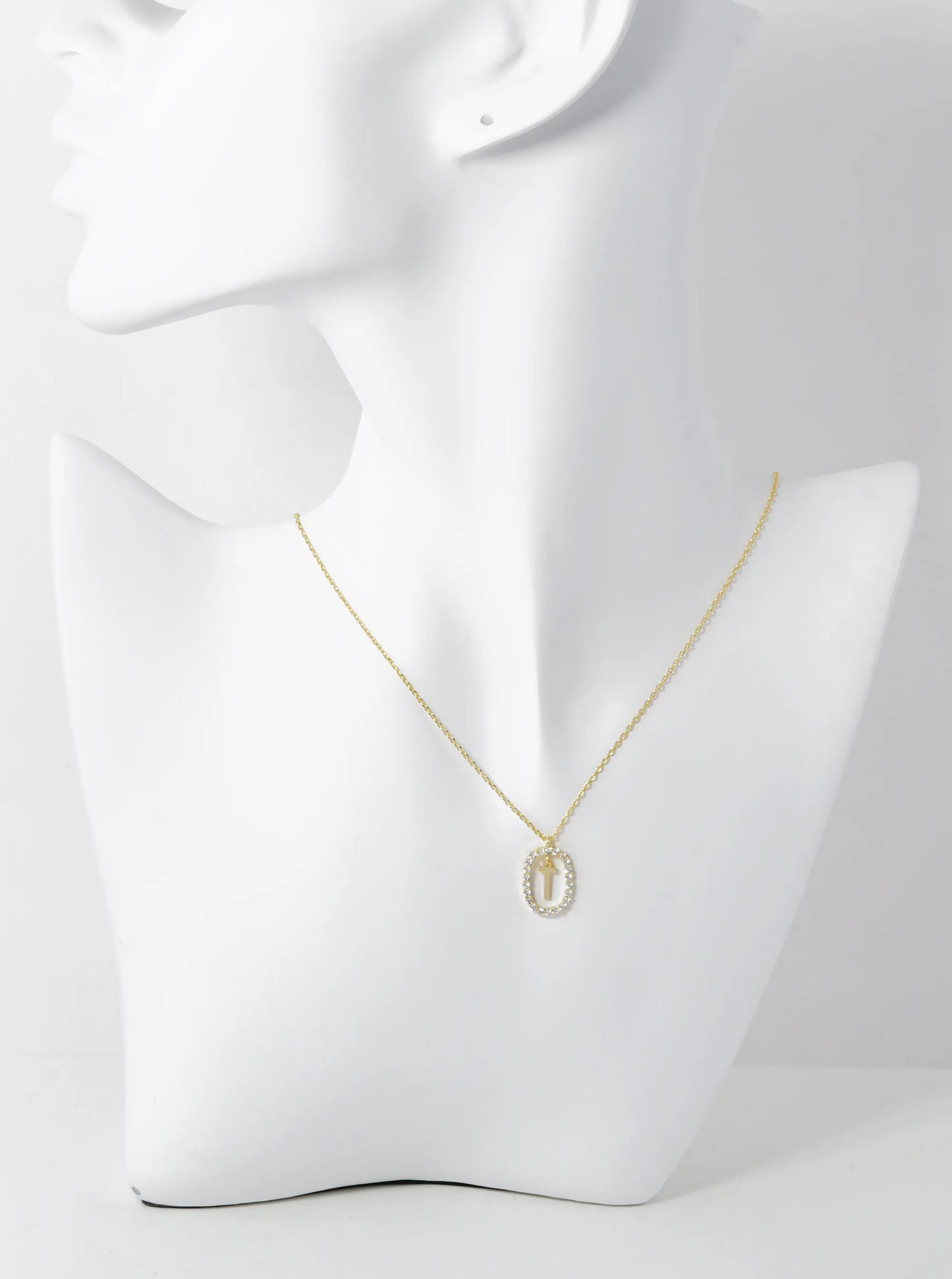 18K Gold Dipped Pave Set Cubic Zirconia Oval In Initial Drop Pendant Necklace