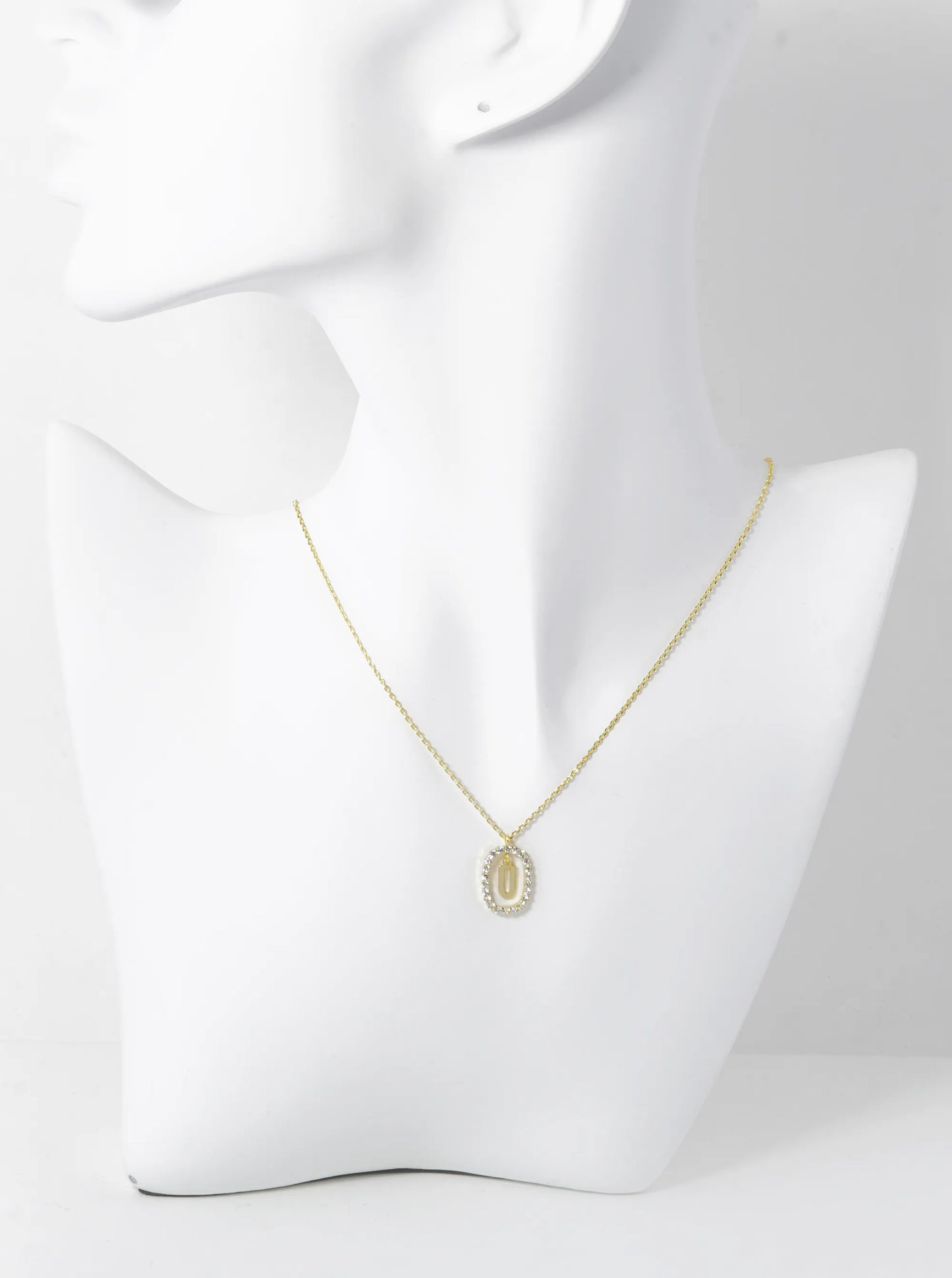 18K Gold Dipped Pave Set Cubic Zirconia Oval In Initial Drop Pendant Necklace