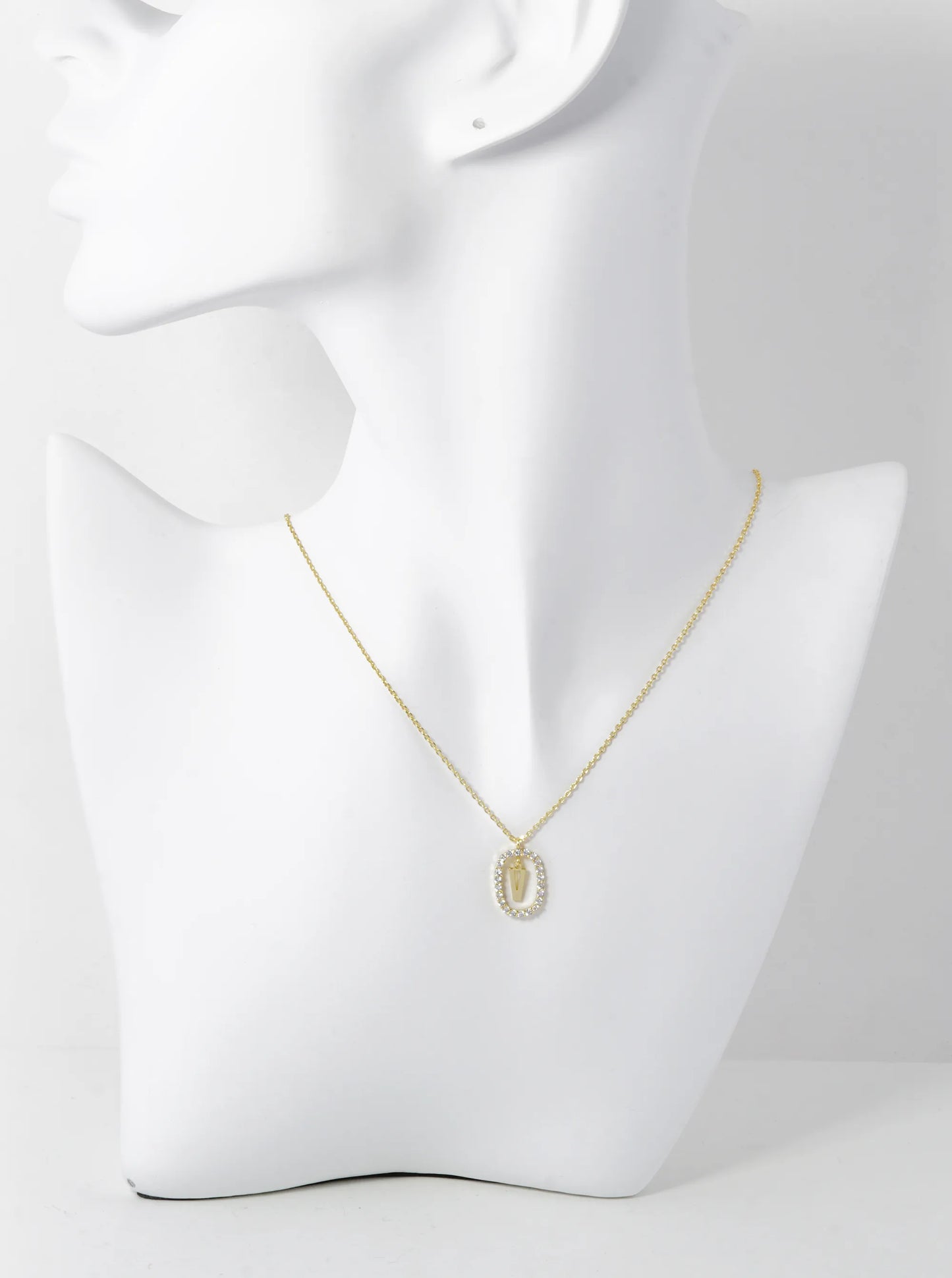 18K Gold Dipped Pave Set Cubic Zirconia Oval In Initial Drop Pendant Necklace