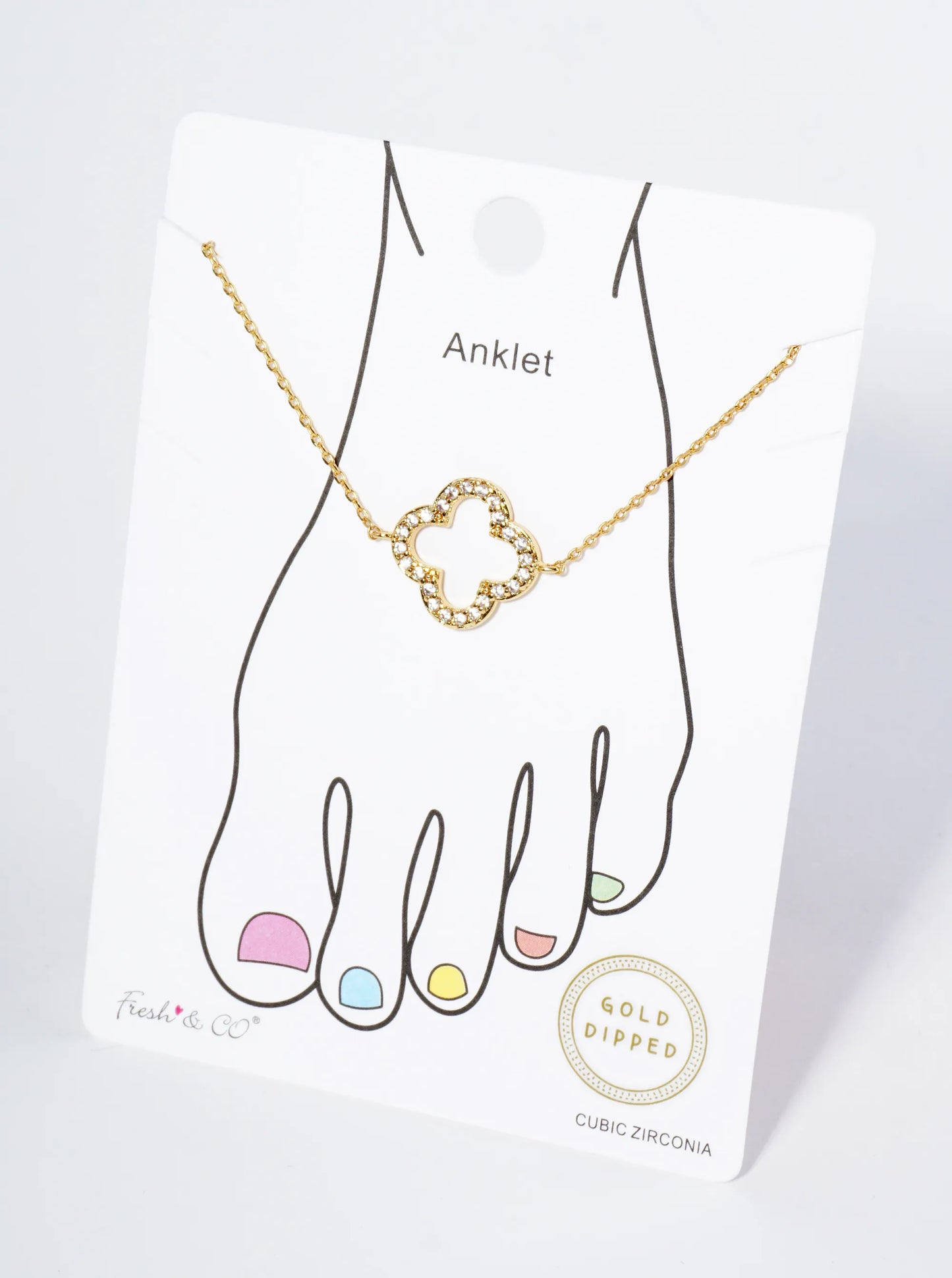 18K Gold Dipped Pave Set Cubic Zirconia Quatrefoil Chain Anklet