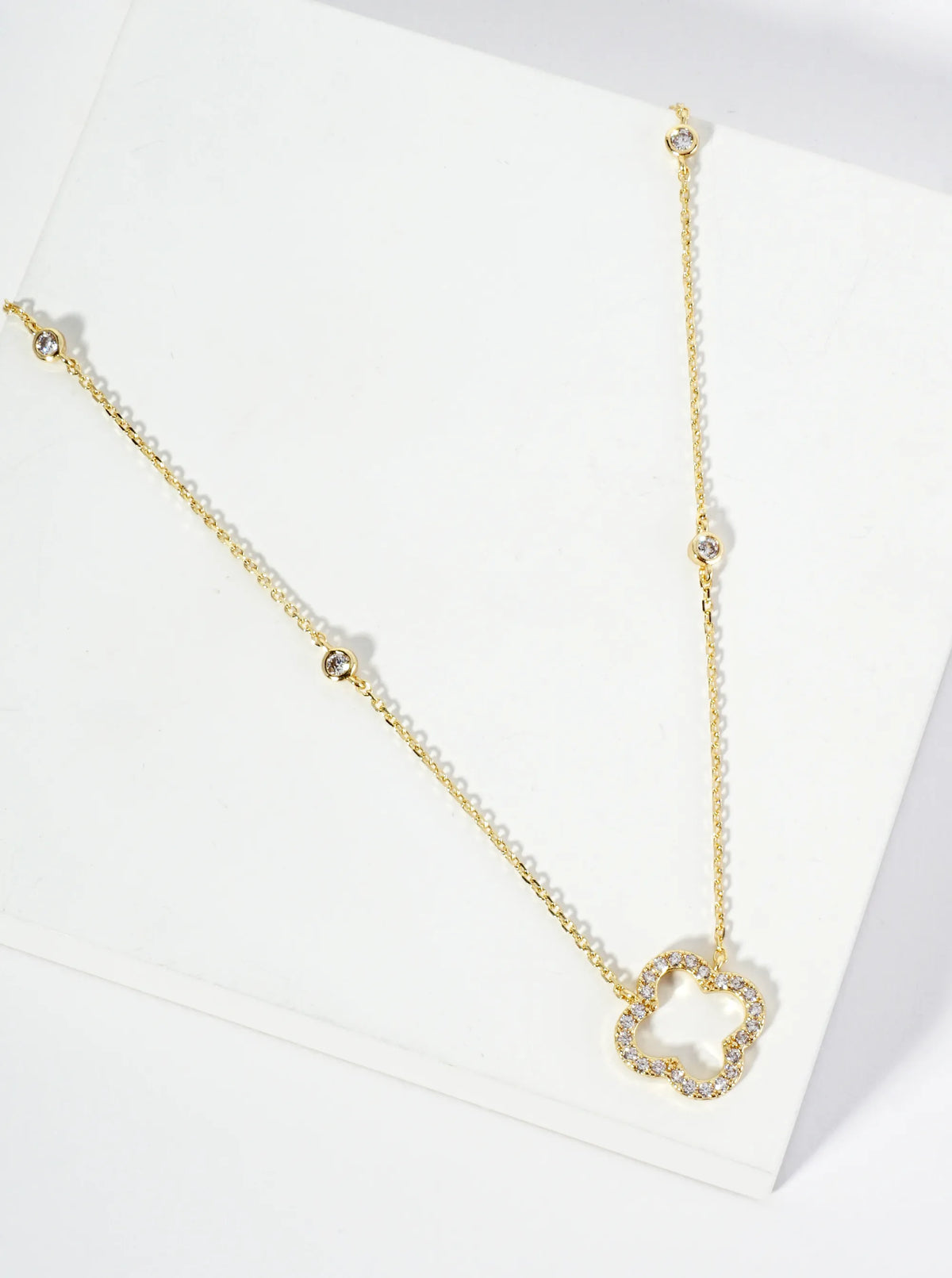 18K Gold Dipped Pave Set Cubic Zirconia Quatrefoil Cutout Pendant Necklace