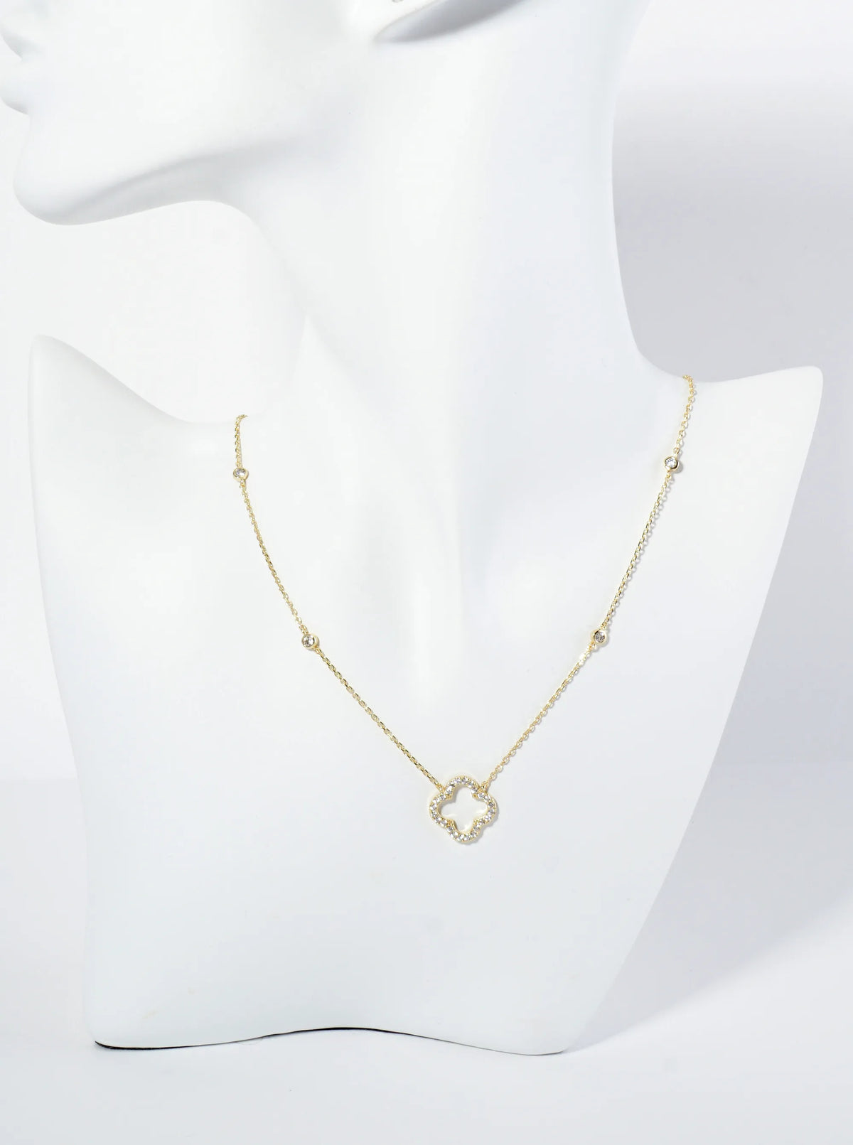 18K Gold Dipped Pave Set Cubic Zirconia Quatrefoil Cutout Pendant Necklace