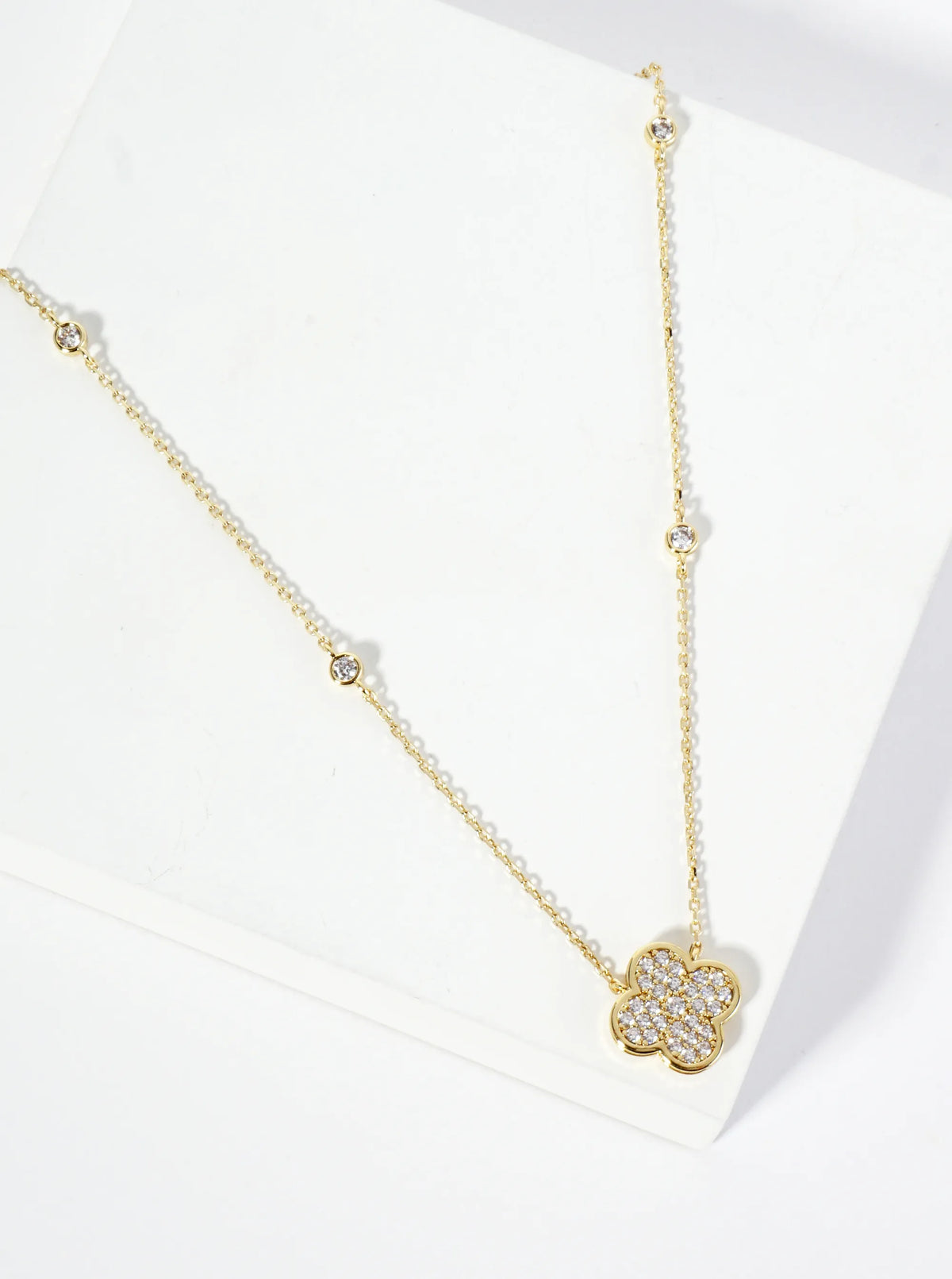 18K Gold Dipped Pave Set Cubic Zirconia Quatrefoil Pendant Necklace