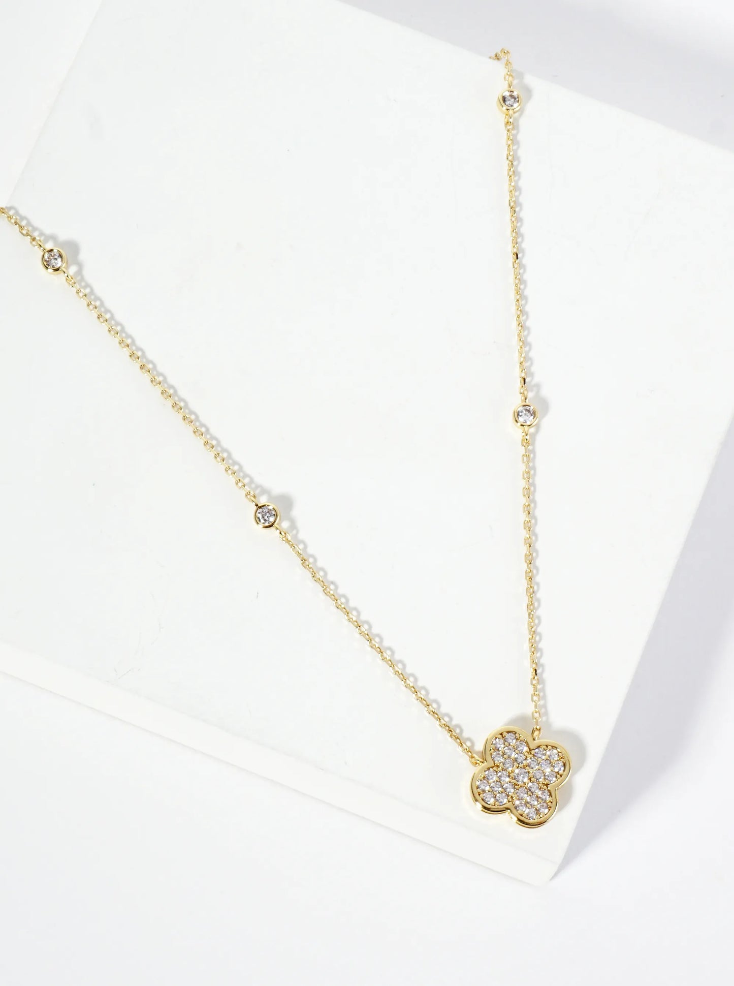 18K Gold Dipped Pave Set Cubic Zirconia Quatrefoil Pendant Necklace