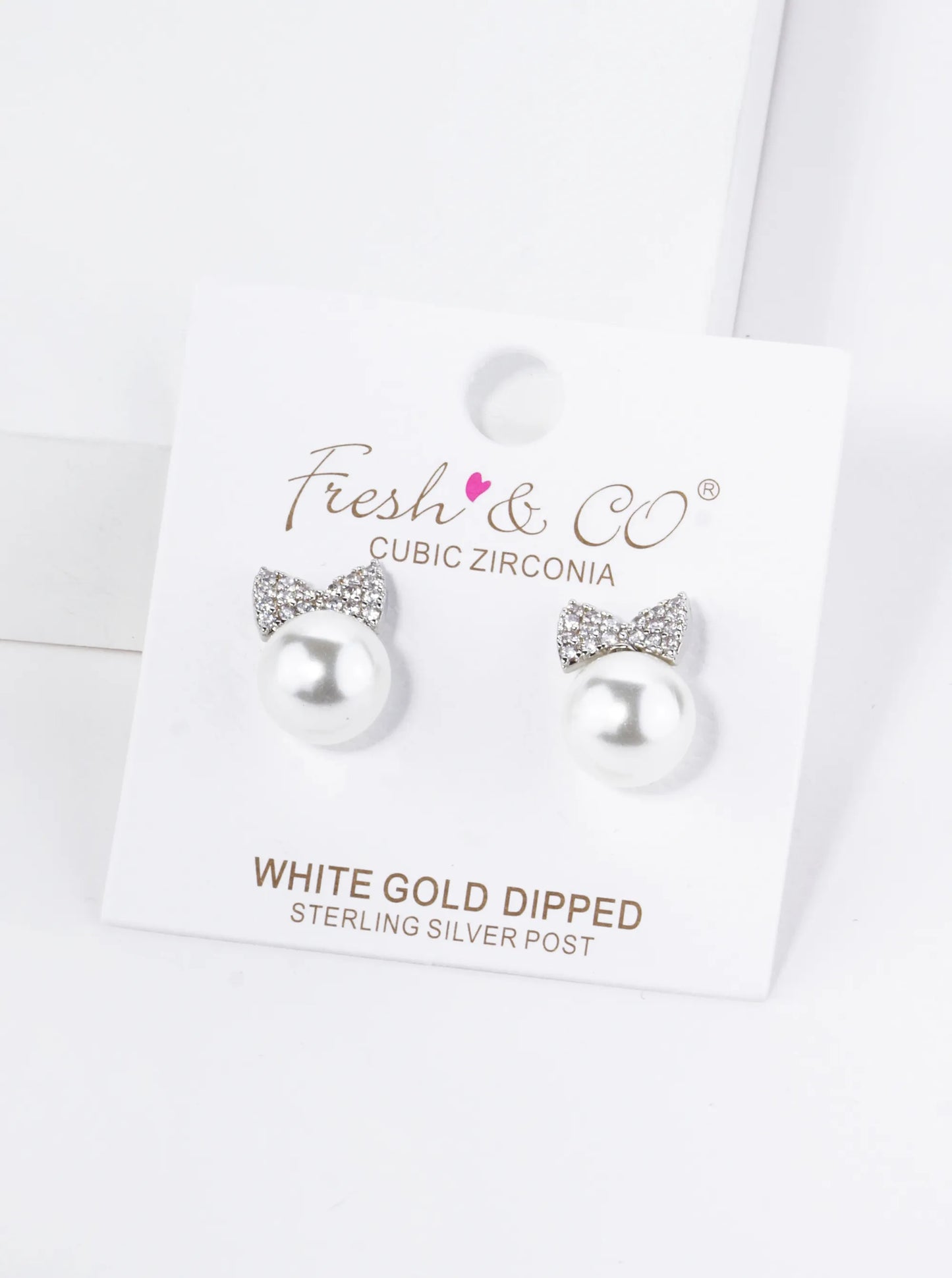 18K Gold Dipped Pave Set Cubic Zirconia Ribbon Bow With 10mm Pearl Stud Earrings