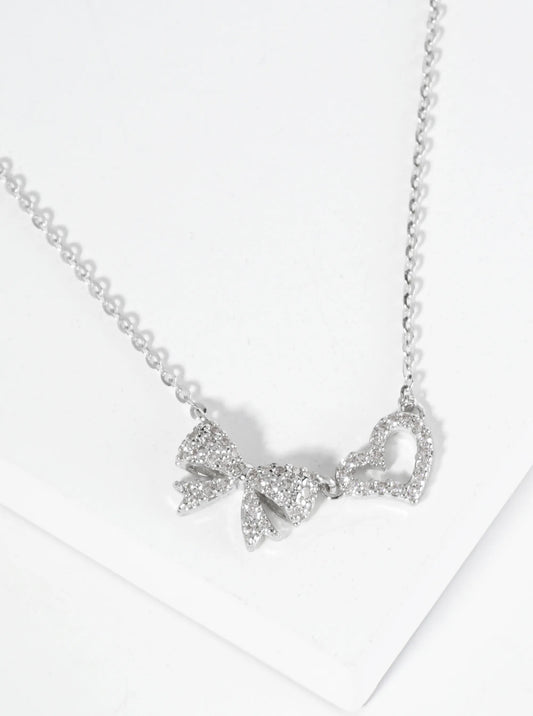 18K Gold Dipped Pave Set Cubic Zirconia Ribbon Heart Pendant Necklace