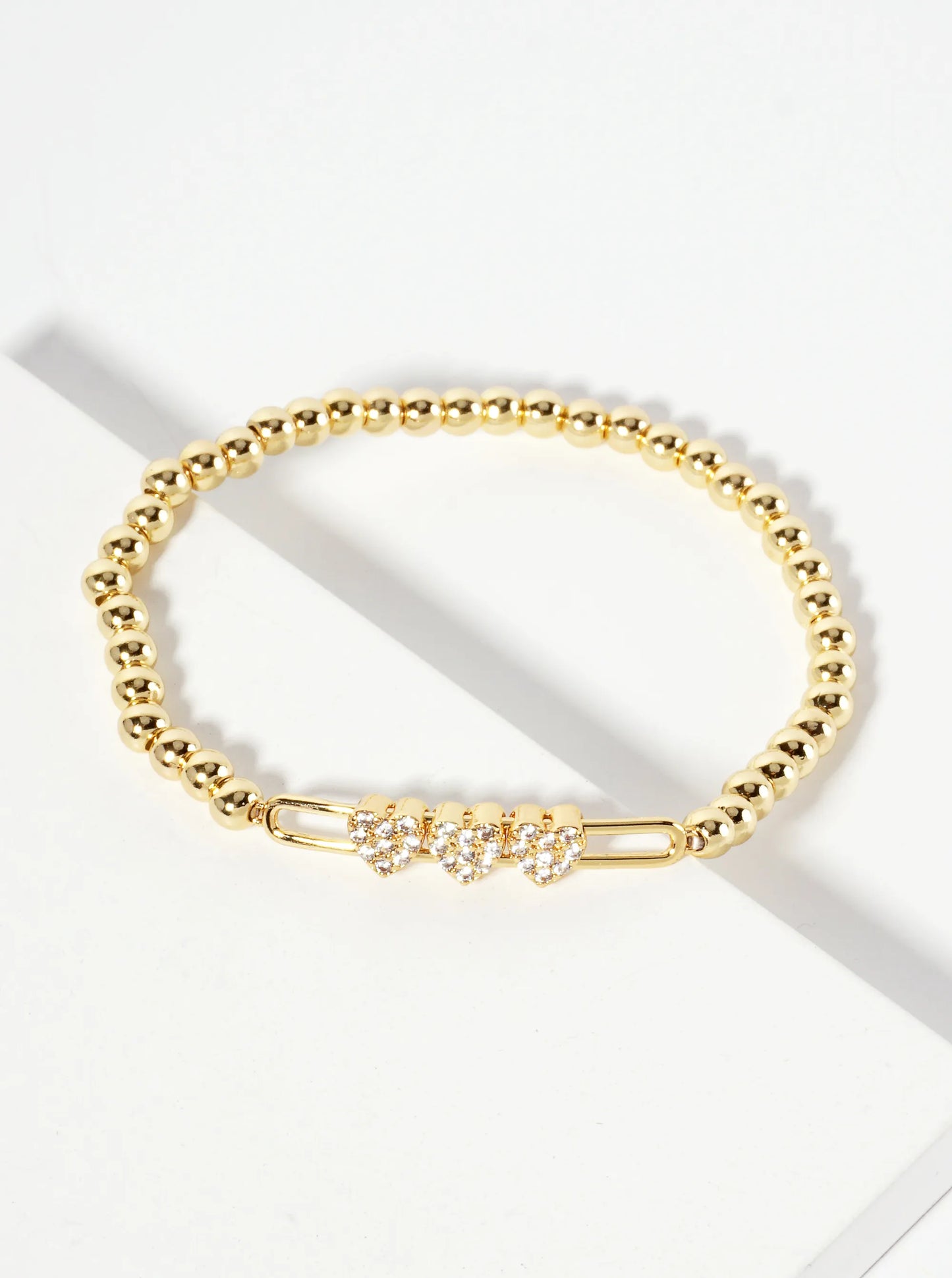 18K-Gold-Dipped Pave-Set Cubic-Zirconia Three Heart Accents Ball-Beaded Stretch Bracelet