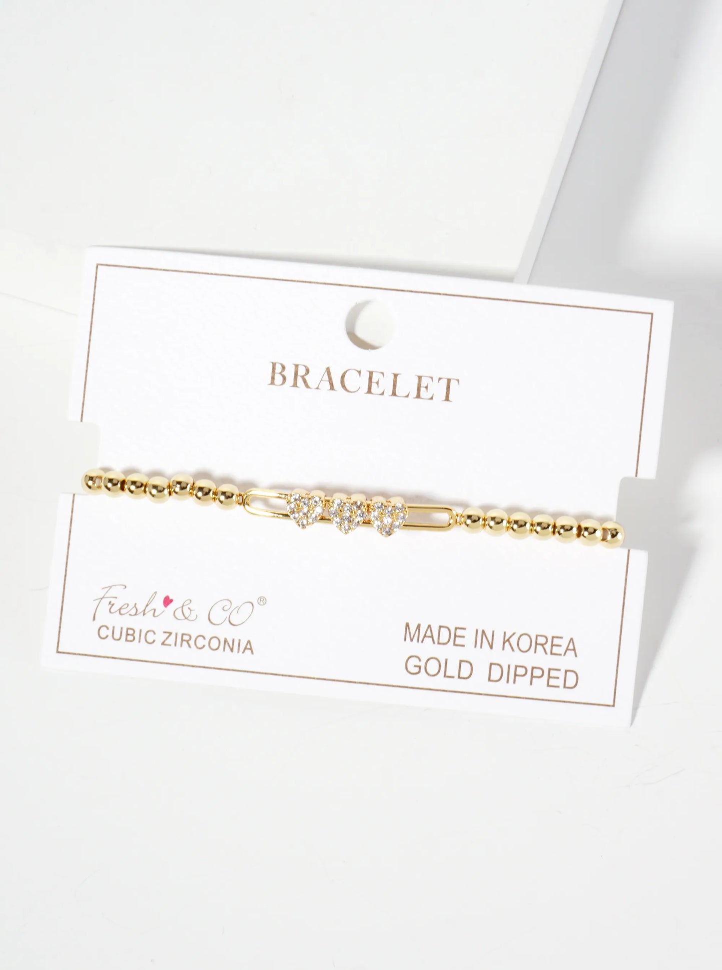 18K-Gold-Dipped Pave-Set Cubic-Zirconia Three Heart Accents Ball-Beaded Stretch Bracelet