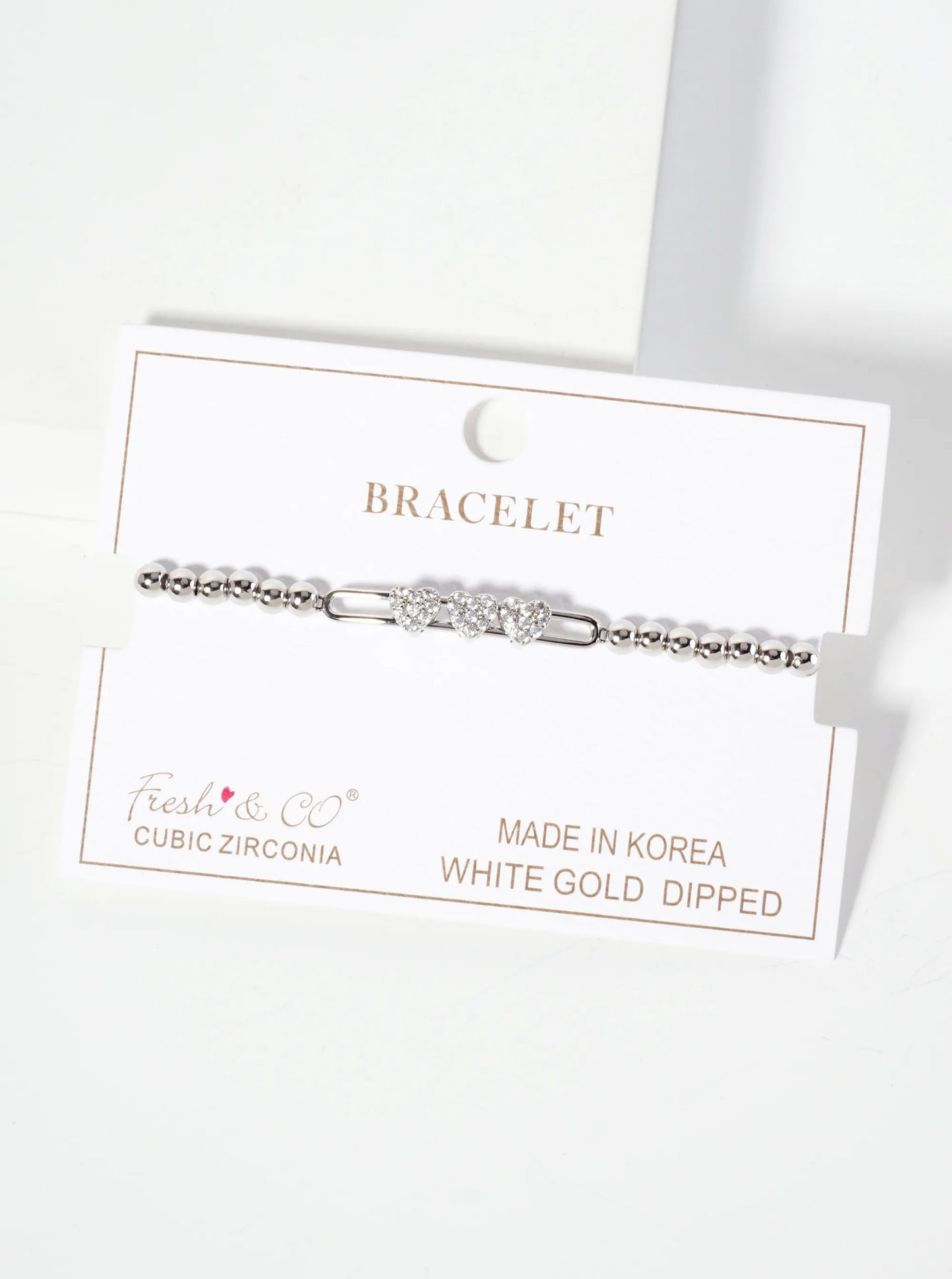 18K-Gold-Dipped Pave-Set Cubic-Zirconia Three Heart Accents Ball-Beaded Stretch Bracelet