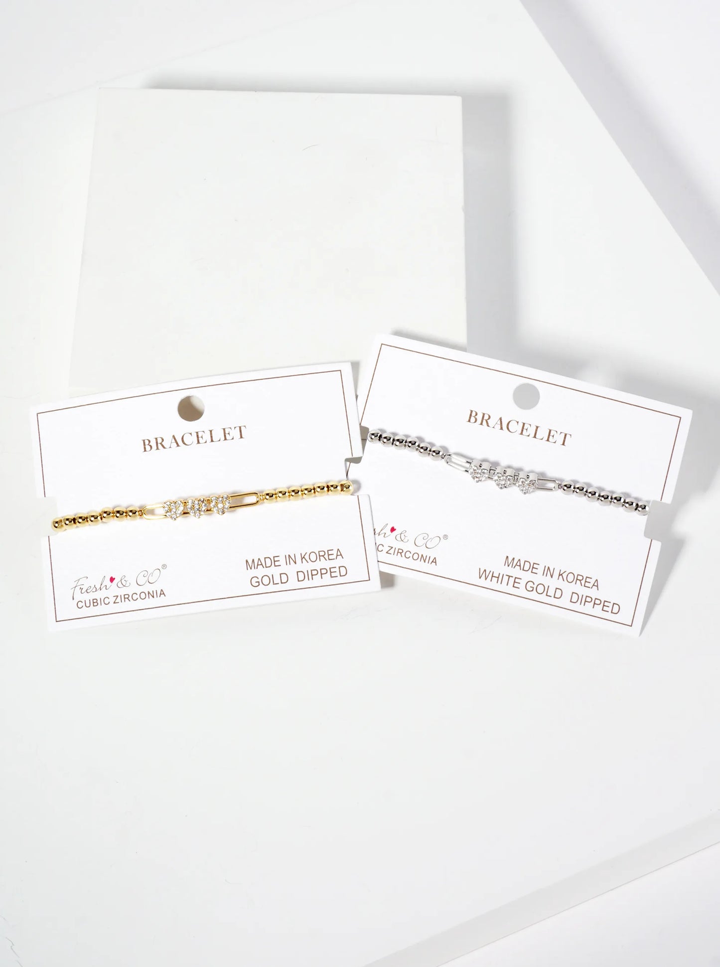 18K-Gold-Dipped Pave-Set Cubic-Zirconia Three Heart Accents Ball-Beaded Stretch Bracelet