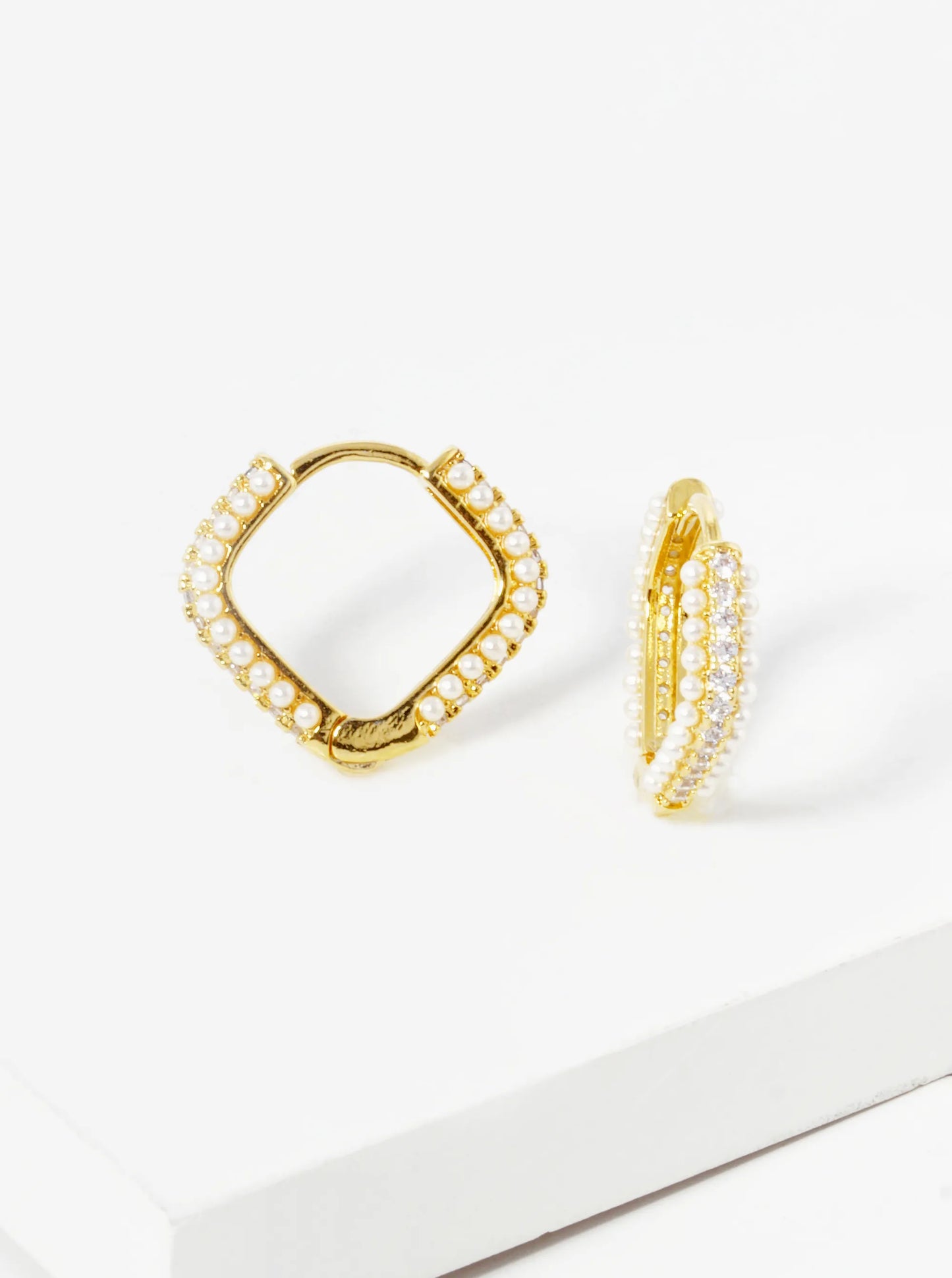 18K-Gold-Dipped Pearl And CZ Pave Rhombus Shape 15mm Hoop Earrings