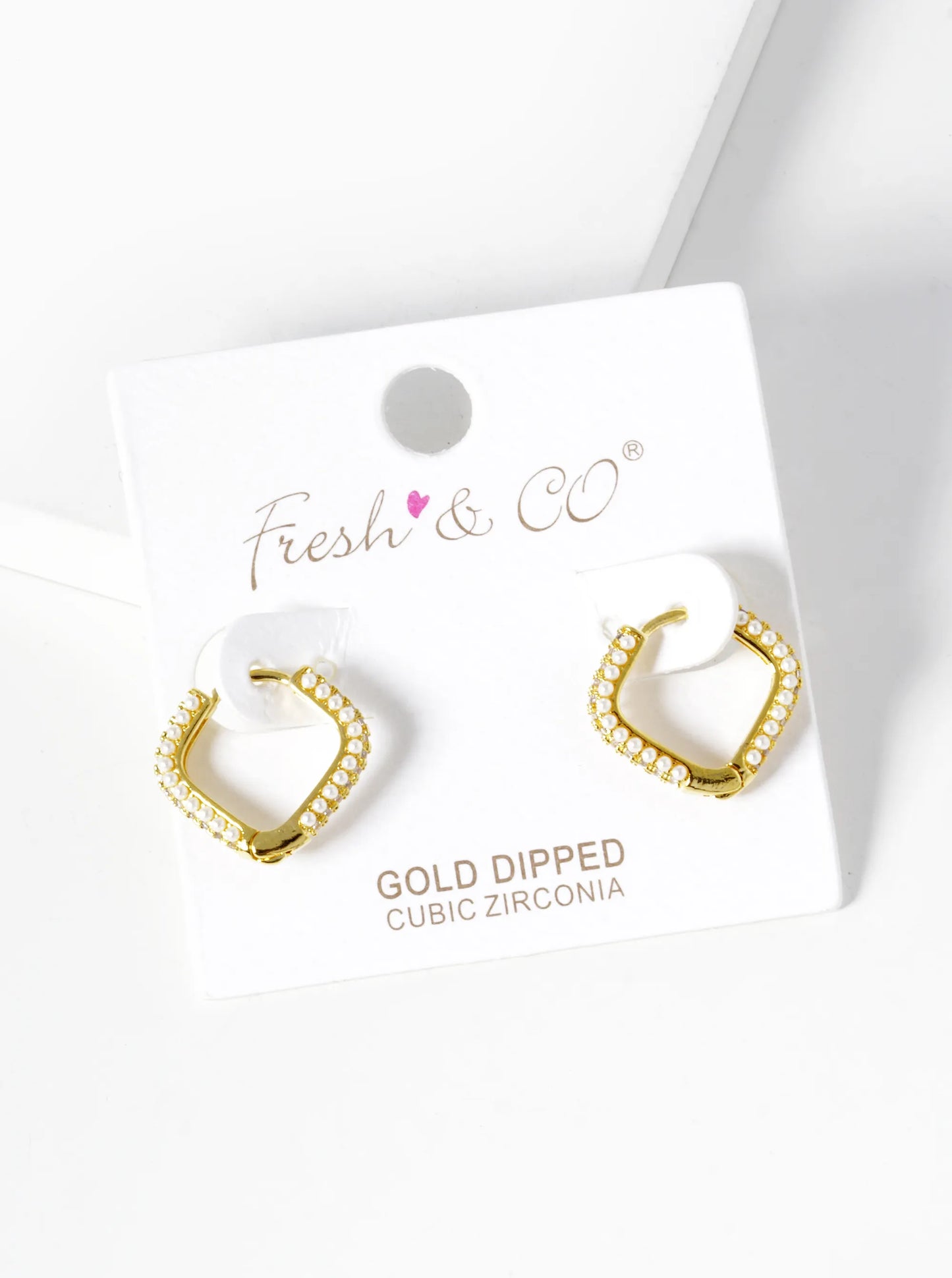18K-Gold-Dipped Pearl And CZ Pave Rhombus Shape 15mm Hoop Earrings