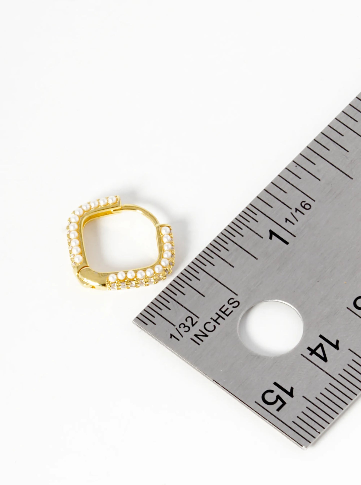 18K-Gold-Dipped Pearl And CZ Pave Rhombus Shape 15mm Hoop Earrings