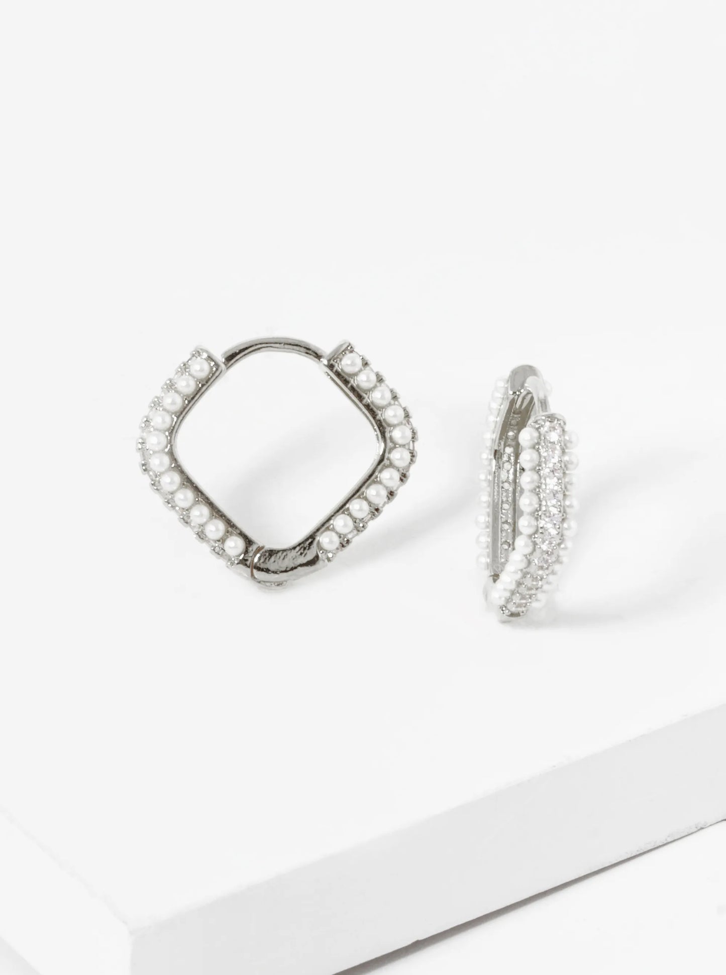 18K-Gold-Dipped Pearl And CZ Pave Rhombus Shape 15mm Hoop Earrings
