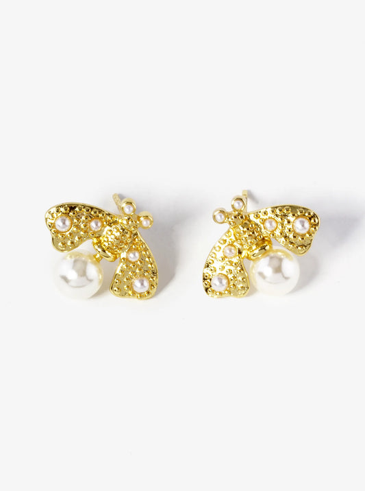 18K-Gold-Dipped Pearl Beaded 14mm Brass Bumblebee Stud Earrings