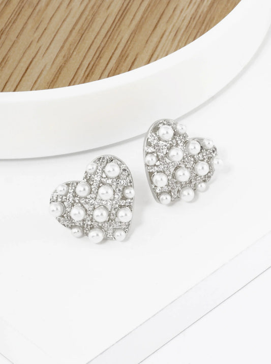 18K Gold Dipped Pearl Beaded Cubic Zirconia Heart Stud Earrings