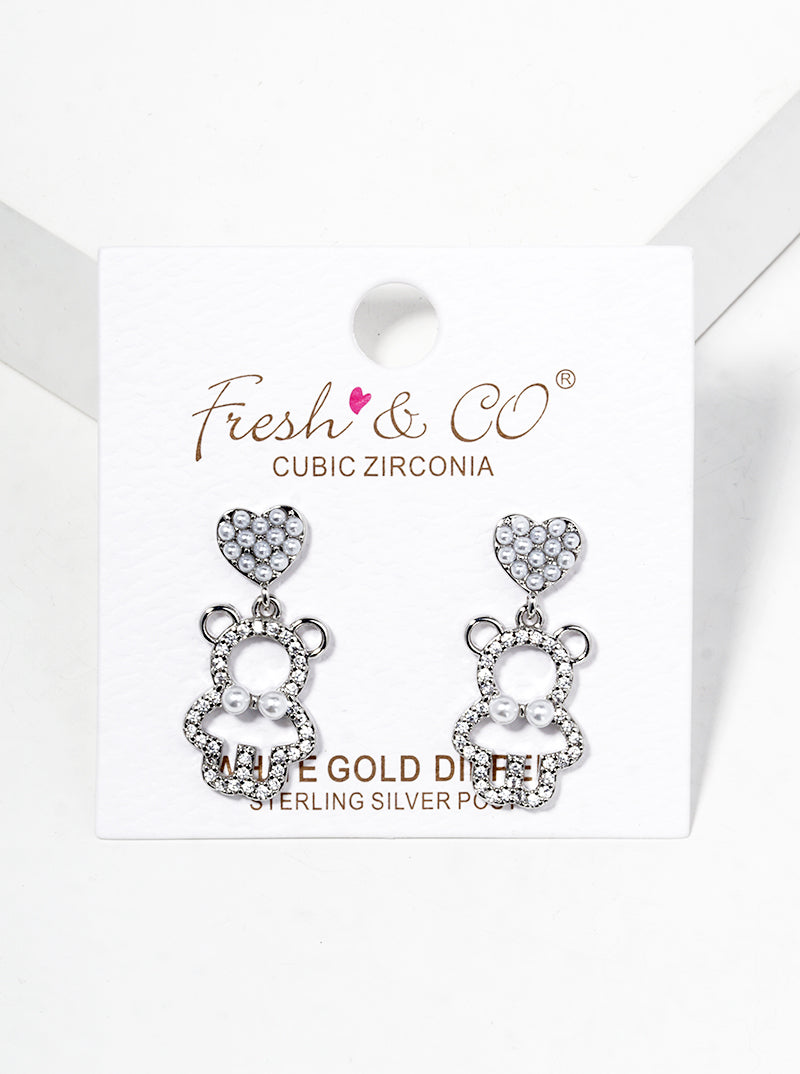 18K Gold Dipped Pearl Beaded Heart CZ Pave Bear Drop Dangle Post Earrings