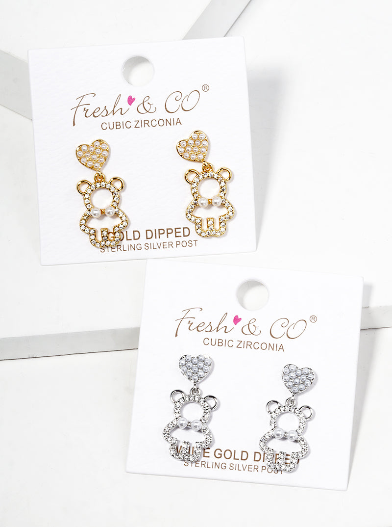 18K Gold Dipped Pearl Beaded Heart CZ Pave Bear Drop Dangle Post Earrings