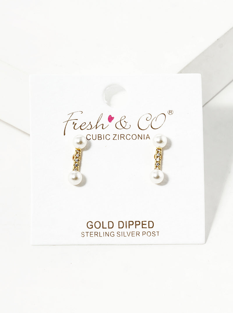 18K-Gold-Dipped Pearl CZ Pave Bar Post Stud Earrings