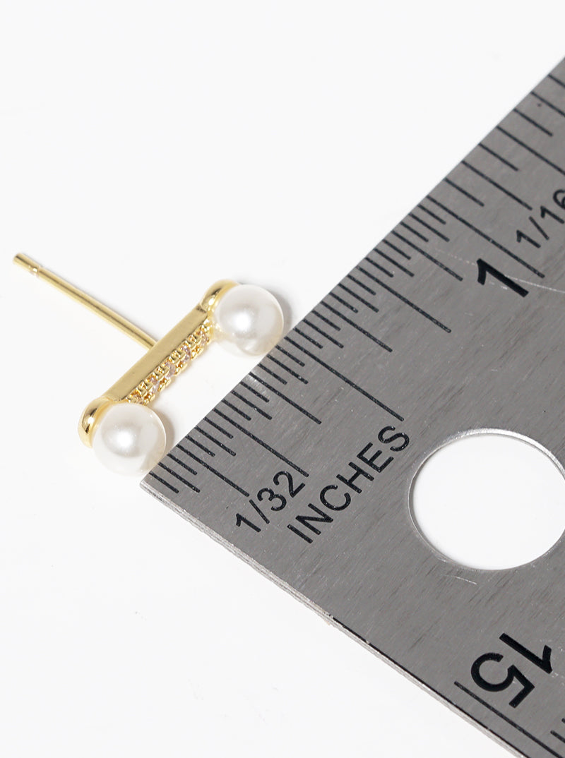18K-Gold-Dipped Pearl CZ Pave Bar Post Stud Earrings