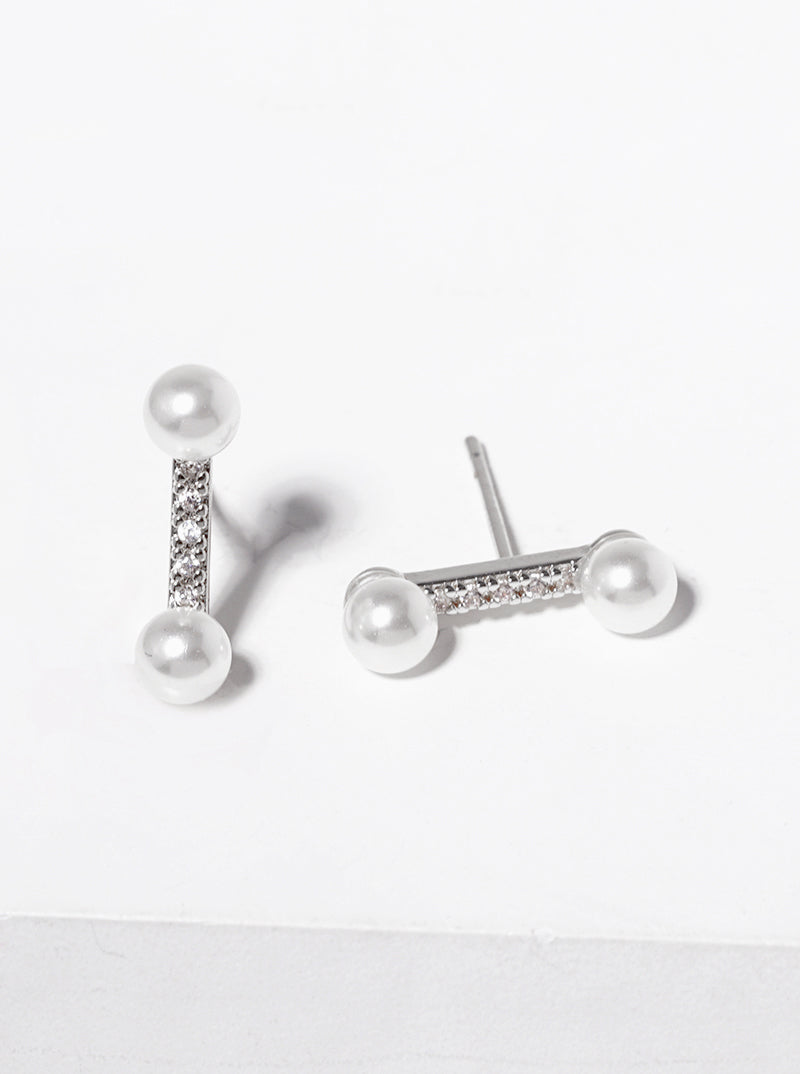 18K-Gold-Dipped Pearl CZ Pave Bar Post Stud Earrings
