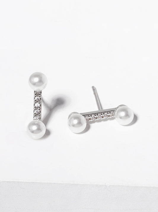 18K-Gold-Dipped Pearl CZ Pave Bar Post Stud Earrings