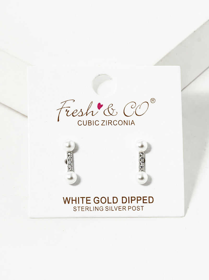 18K-Gold-Dipped Pearl CZ Pave Bar Post Stud Earrings