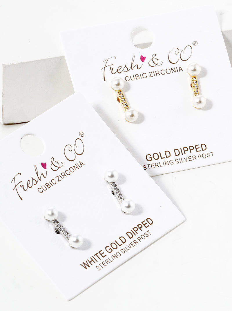 18K-Gold-Dipped Pearl CZ Pave Bar Post Stud Earrings