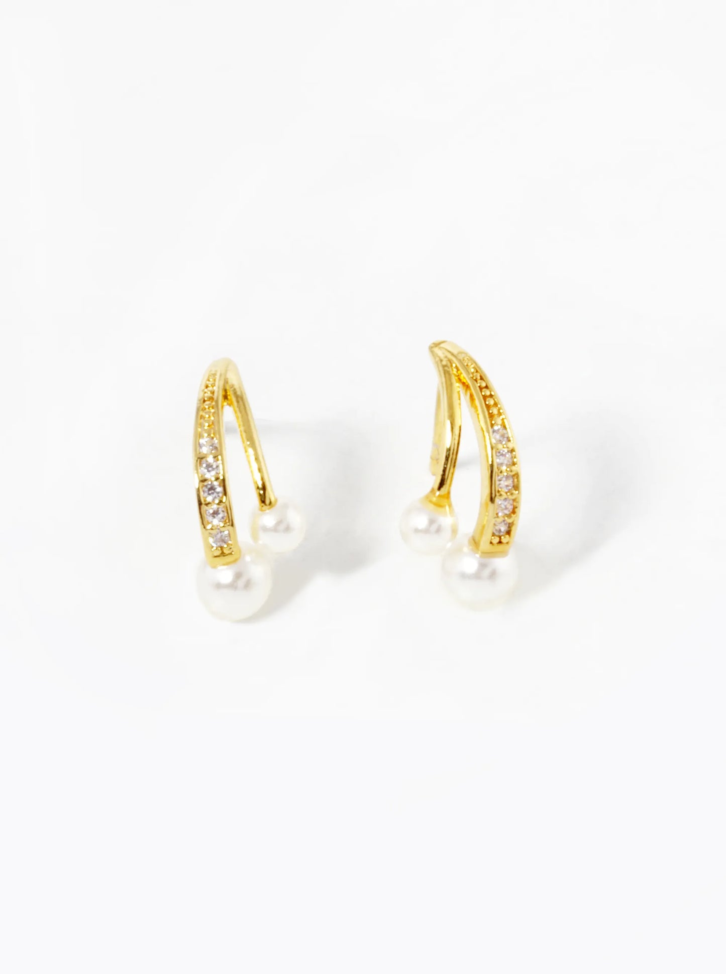 18K-Gold-Dipped Pearl CZ Pave Curved Double Bar Stud Earrings