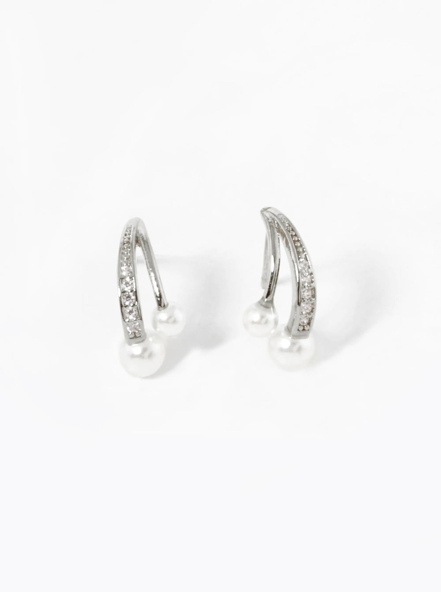 18K-Gold-Dipped Pearl CZ Pave Curved Double Bar Stud Earrings