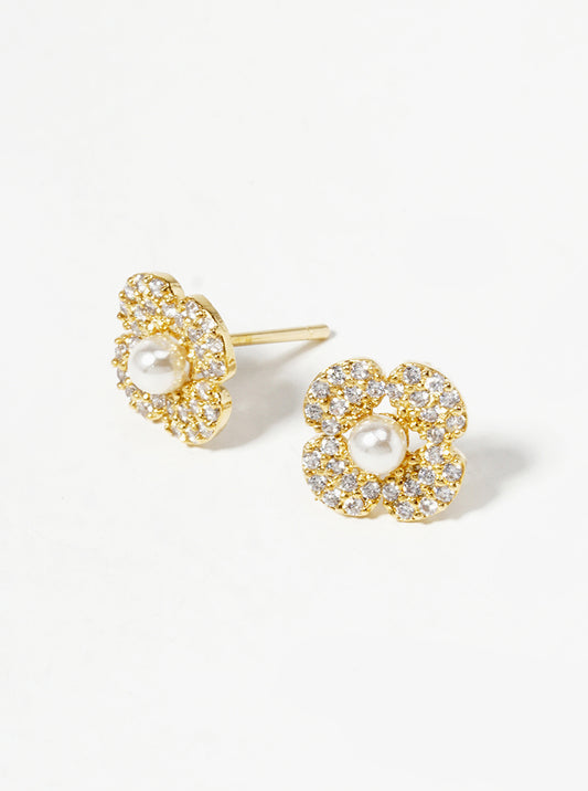 18K Gold Dipped Pearl CZ Pave Flower Post Stud Earrings