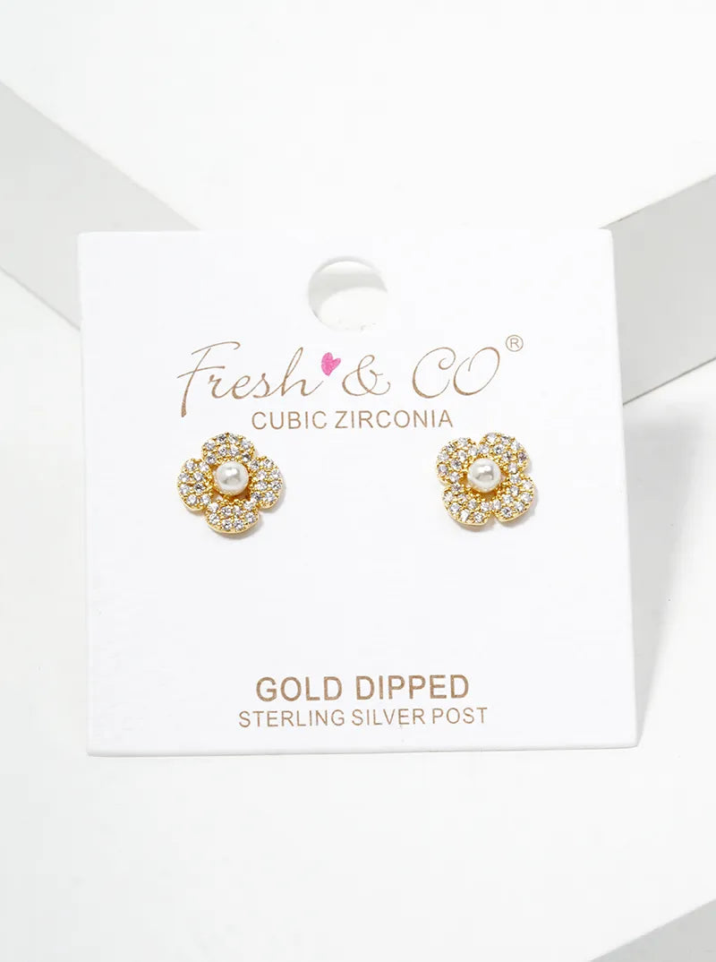 18K Gold Dipped Pearl CZ Pave Flower Post Stud Earrings