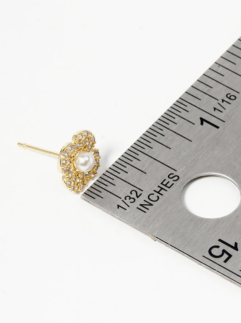 18K Gold Dipped Pearl CZ Pave Flower Post Stud Earrings