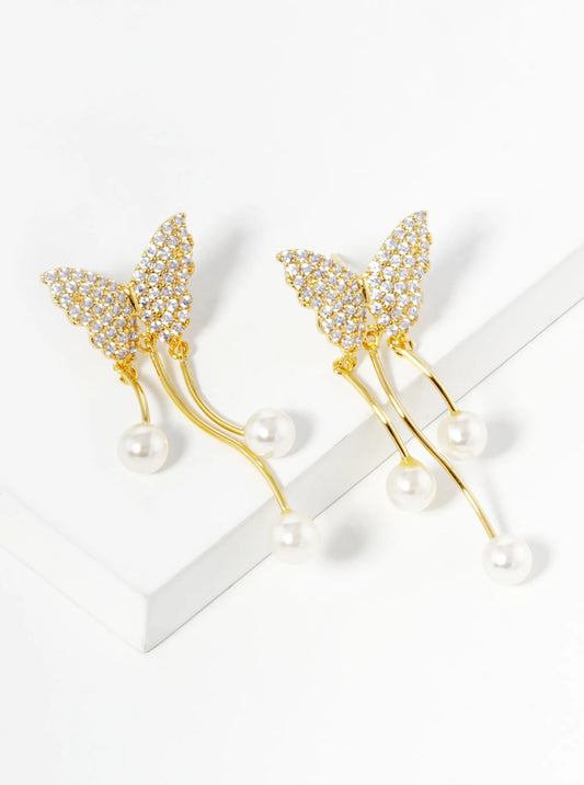 18K Gold Dipped Pearl Drop CZ Pave Butterfly Dangle Earrings