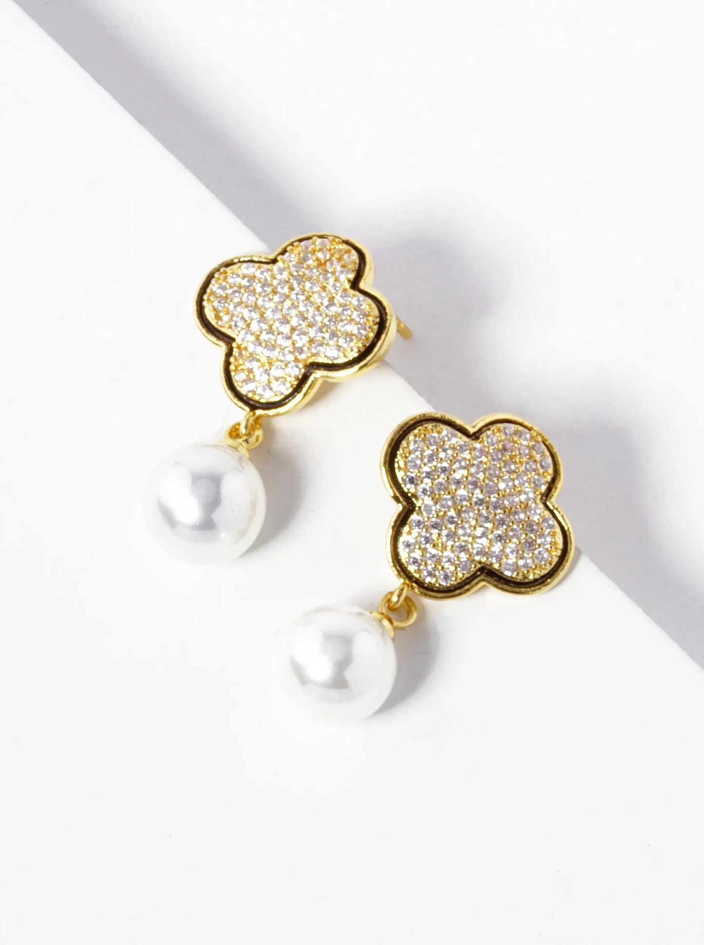 18K-Gold-Dipped Pearl Drop CZ Pave Quatrefoil Dangle 925 Sterling Silver Post Earrings