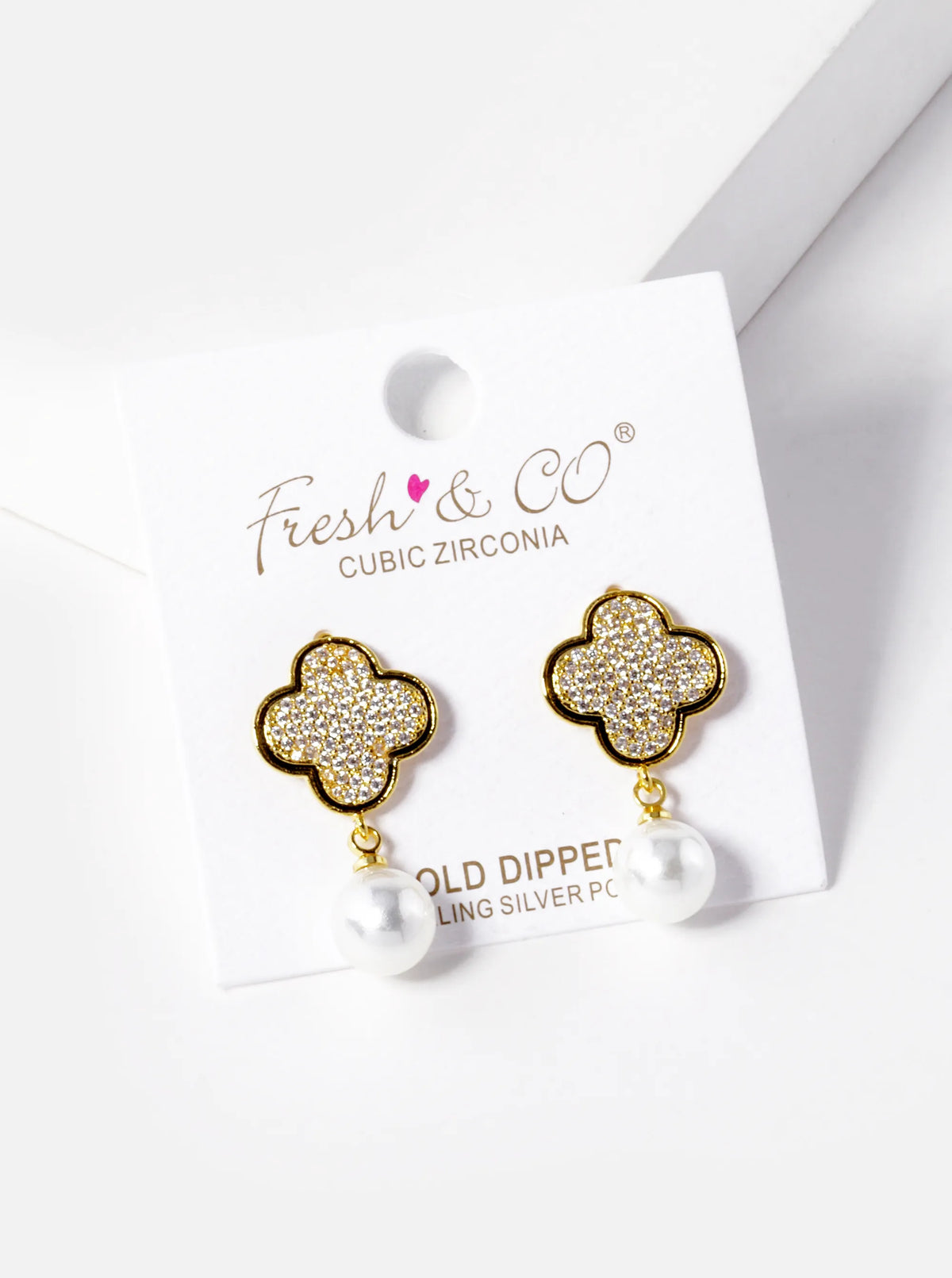 18K-Gold-Dipped Pearl Drop CZ Pave Quatrefoil Dangle 925 Sterling Silver Post Earrings