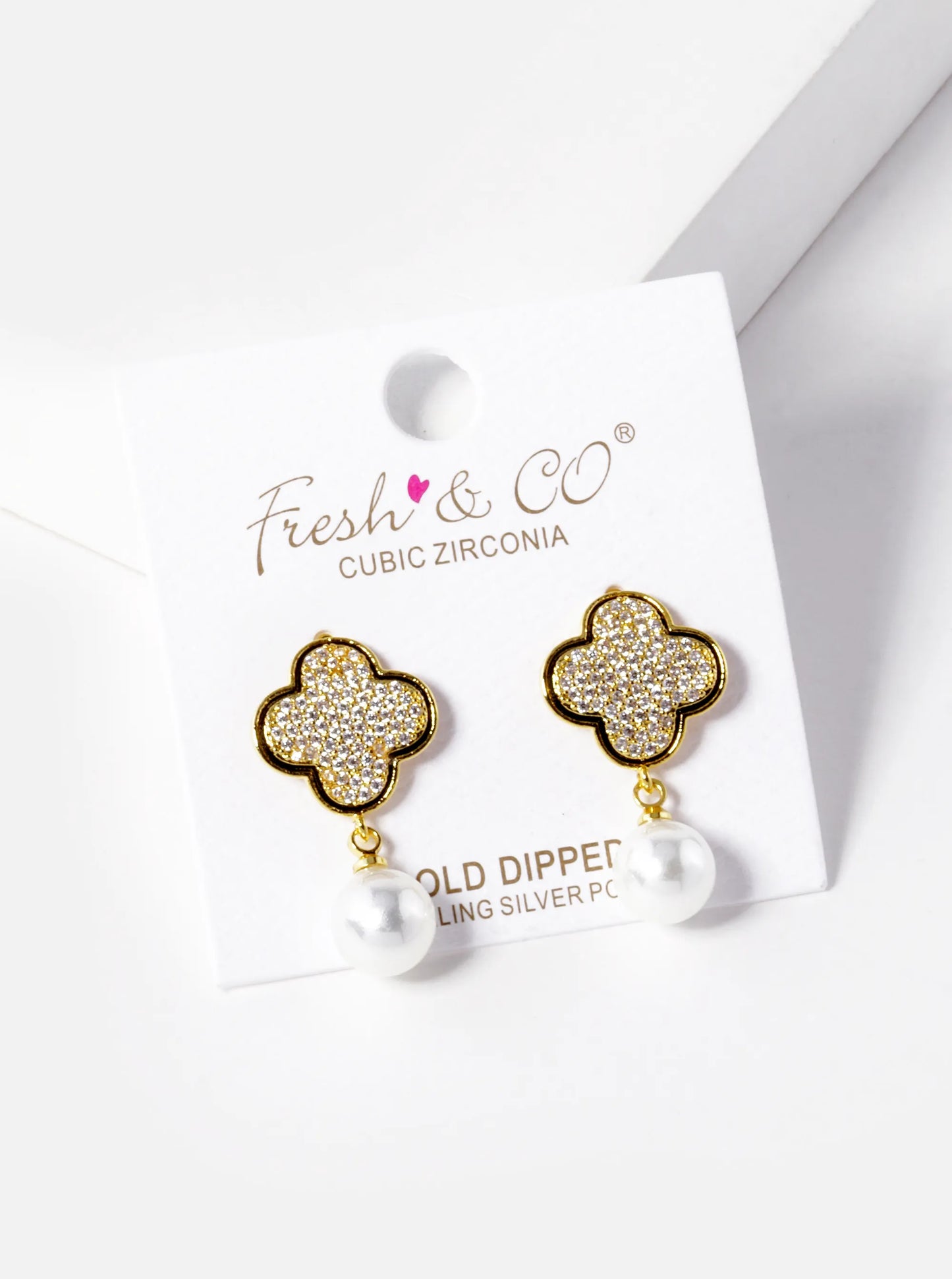 18K-Gold-Dipped Pearl Drop CZ Pave Quatrefoil Dangle 925 Sterling Silver Post Earrings