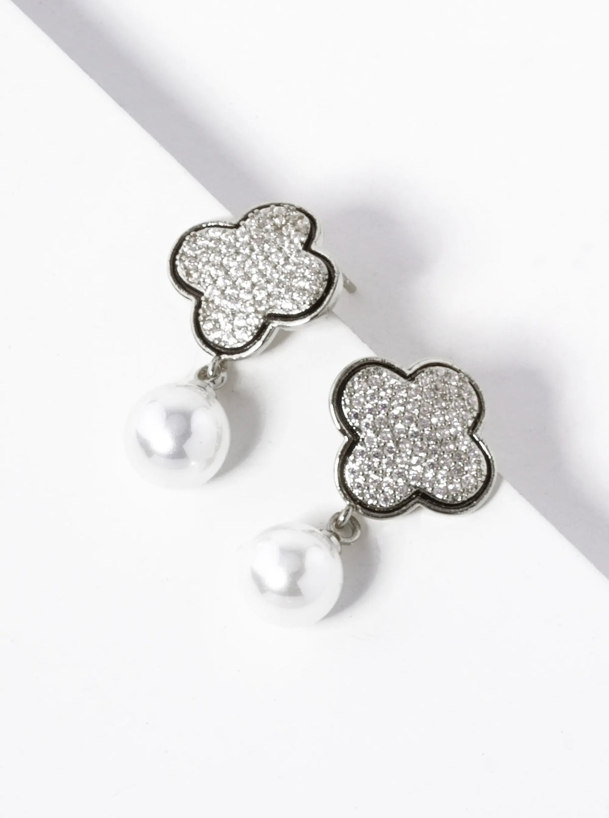 18K-Gold-Dipped Pearl Drop CZ Pave Quatrefoil Dangle 925 Sterling Silver Post Earrings